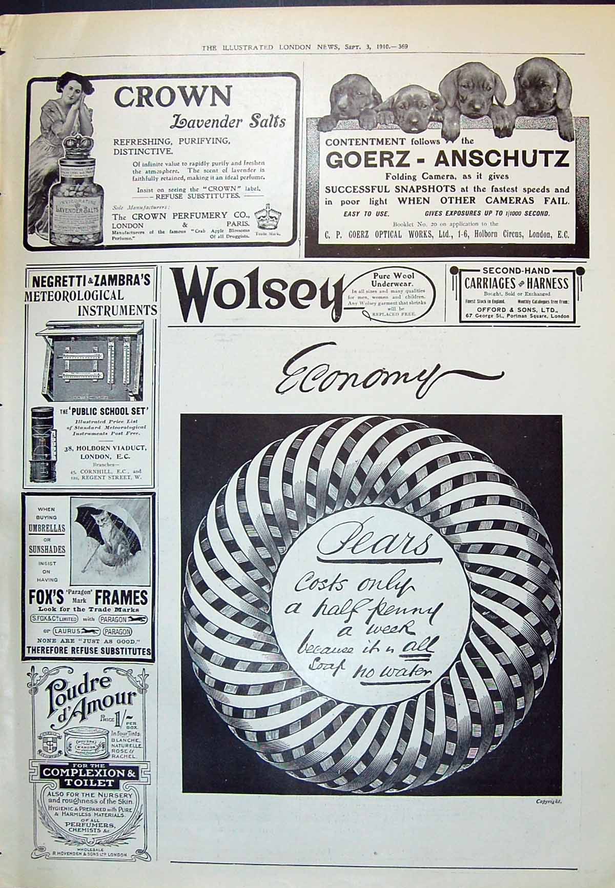 Old Print 1910 Advertisement Crown Perfumery Wolsey Pears Fox Frames Ford 20th