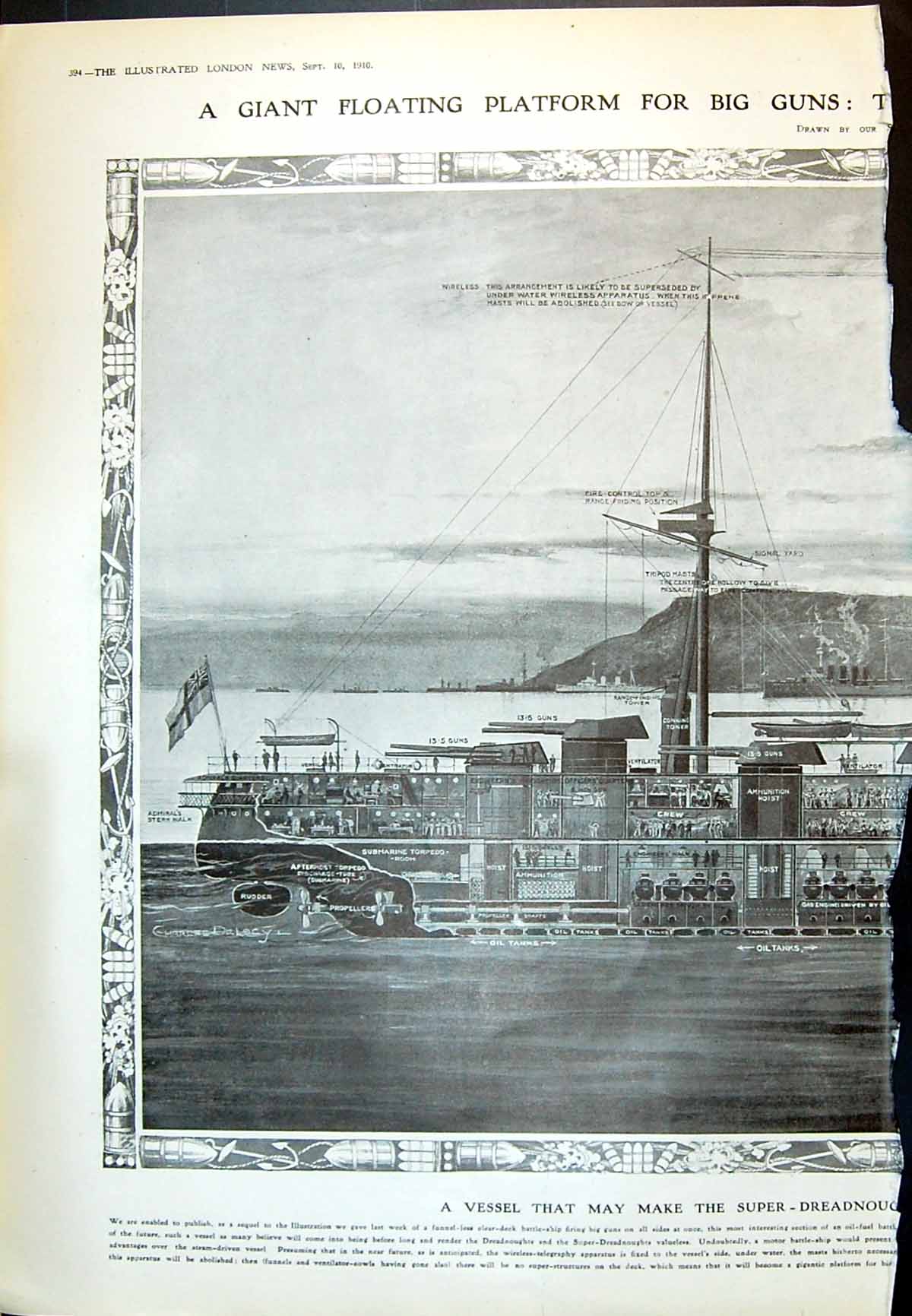 Antique Print 1910 Interior Plan Oil-Fuel War Ship Vickers Maxim Mckechnie 20th