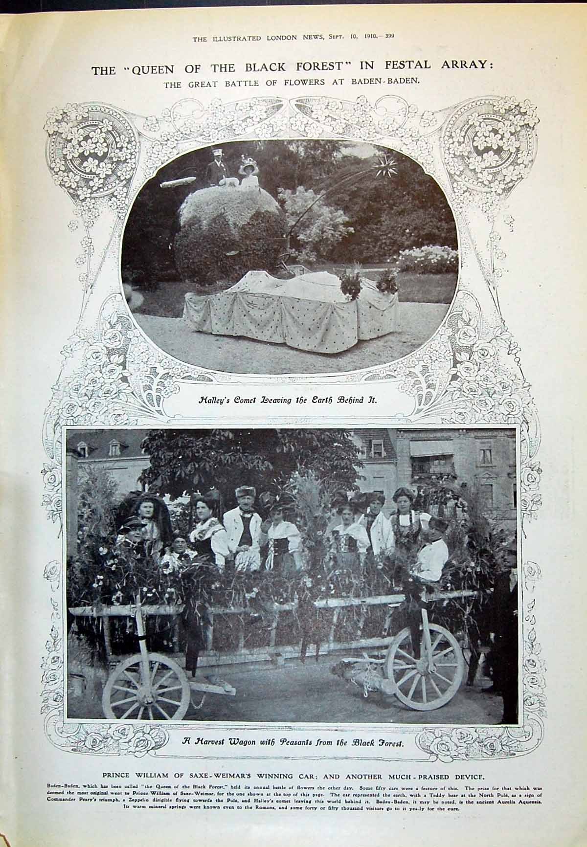 Old 1910 Battle Flowers Baden-Baden Halley'S Comet Harvest Wagon Blac 20th