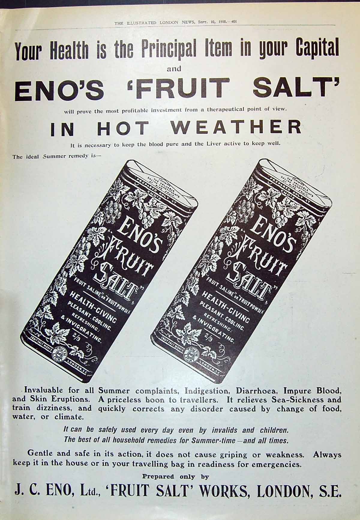 Old Antique Print 1910 Advertisement Eno'S Fruit Salt Works London Ref.2 20th