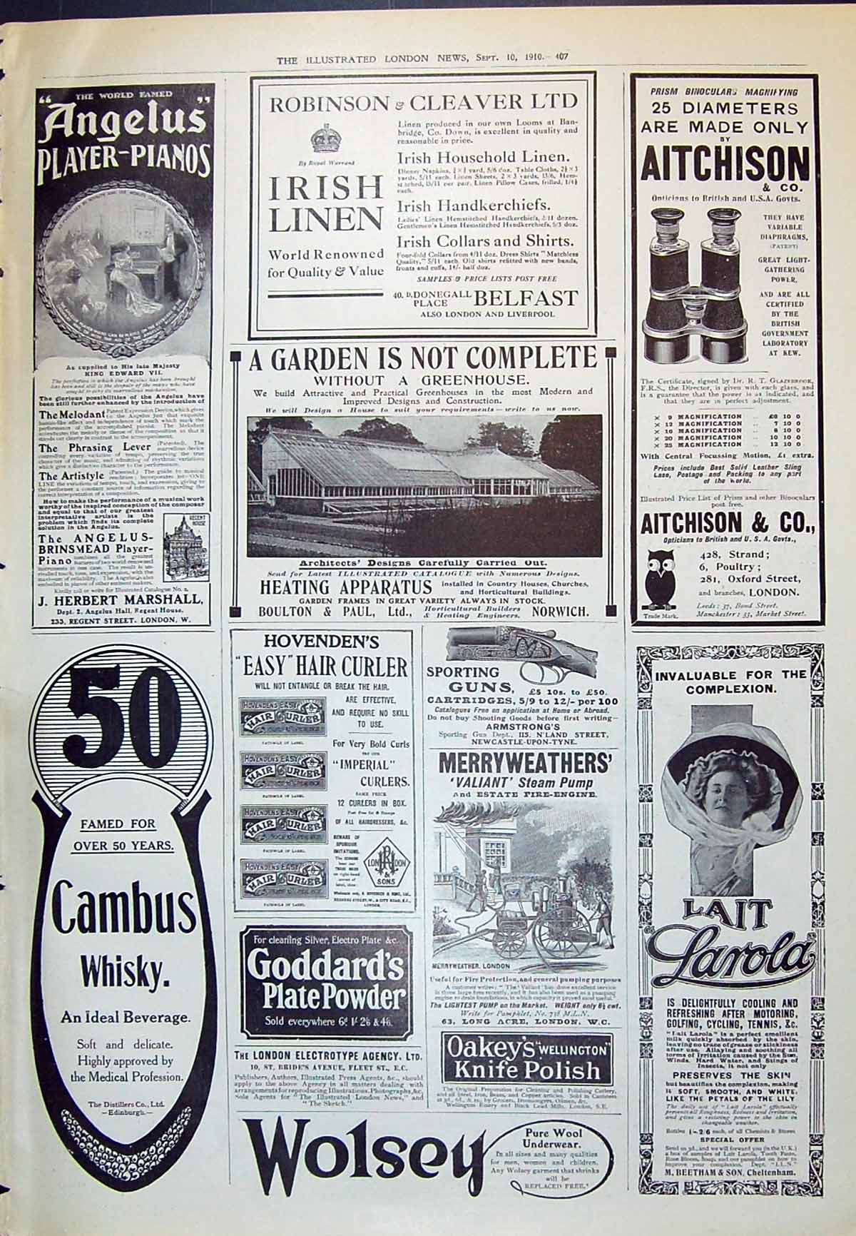 Old Print 1910 Cambus Whisky Wolsey Larola Boulton Hall Herbert Marshall 20th