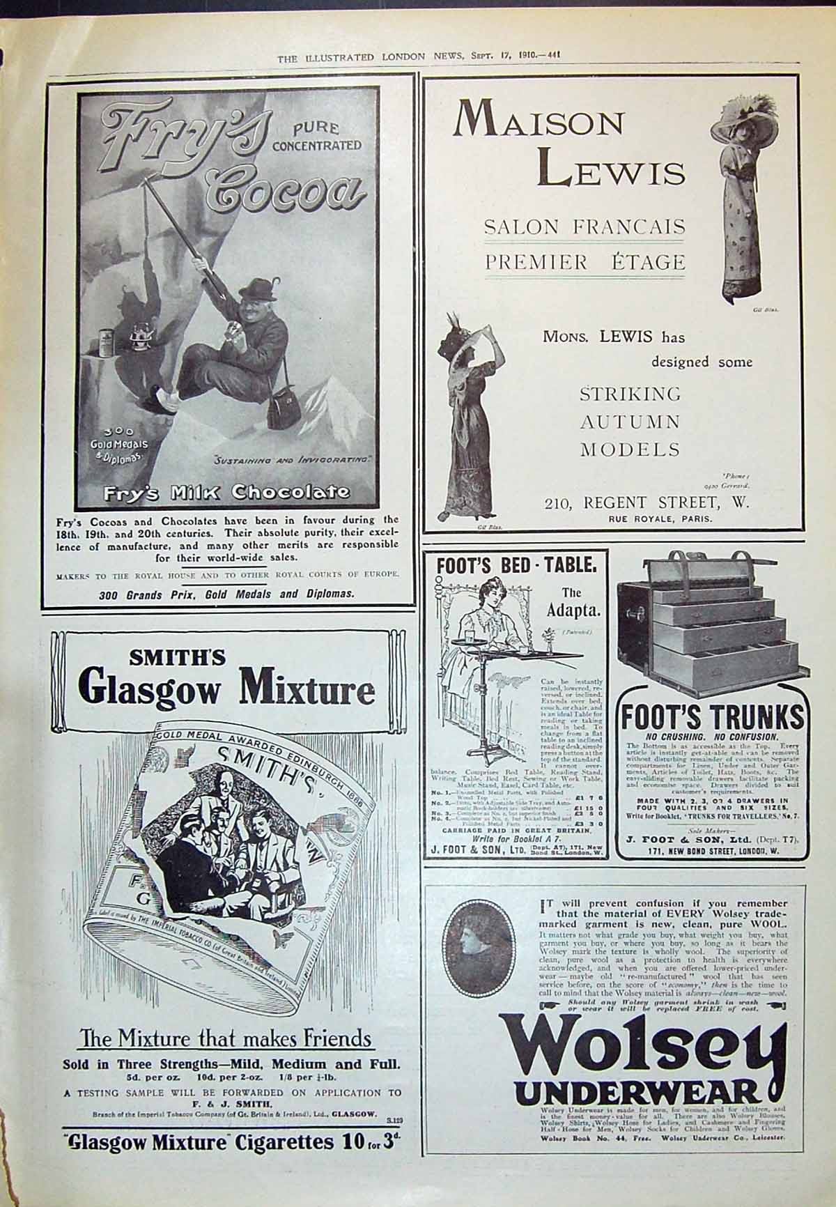 Old 1910 Fry'S Cocoa Maison Lewis Glasgow Cigarettes Wolsey Underwear 20th
