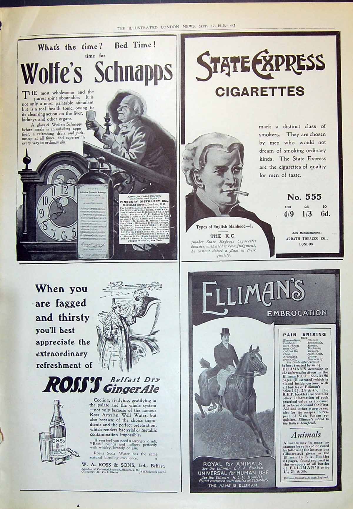 Old 1910 Wolfe'S Schnapps Express Cigarettes Ellimans Ross Ginger Ale 20th
