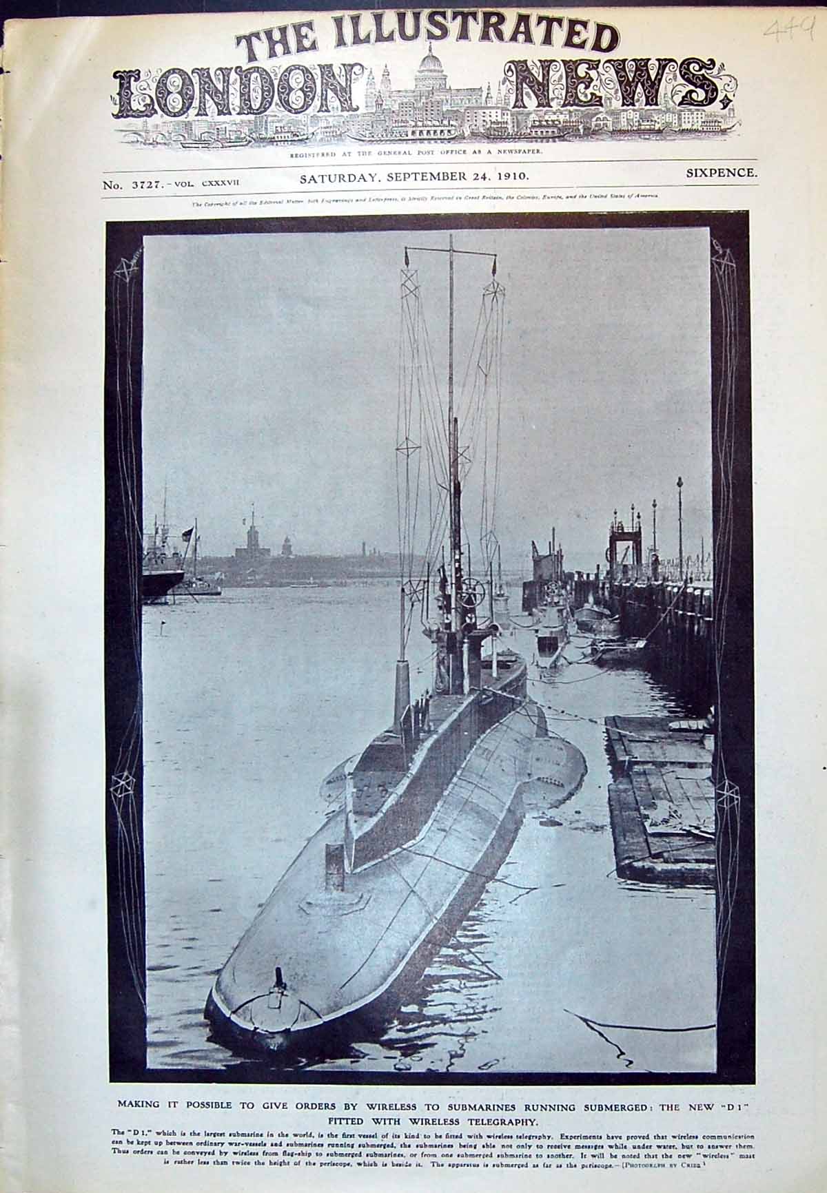 Antique Old Print 1910 DLargest Submarine World Wireless Telegraphy Ship