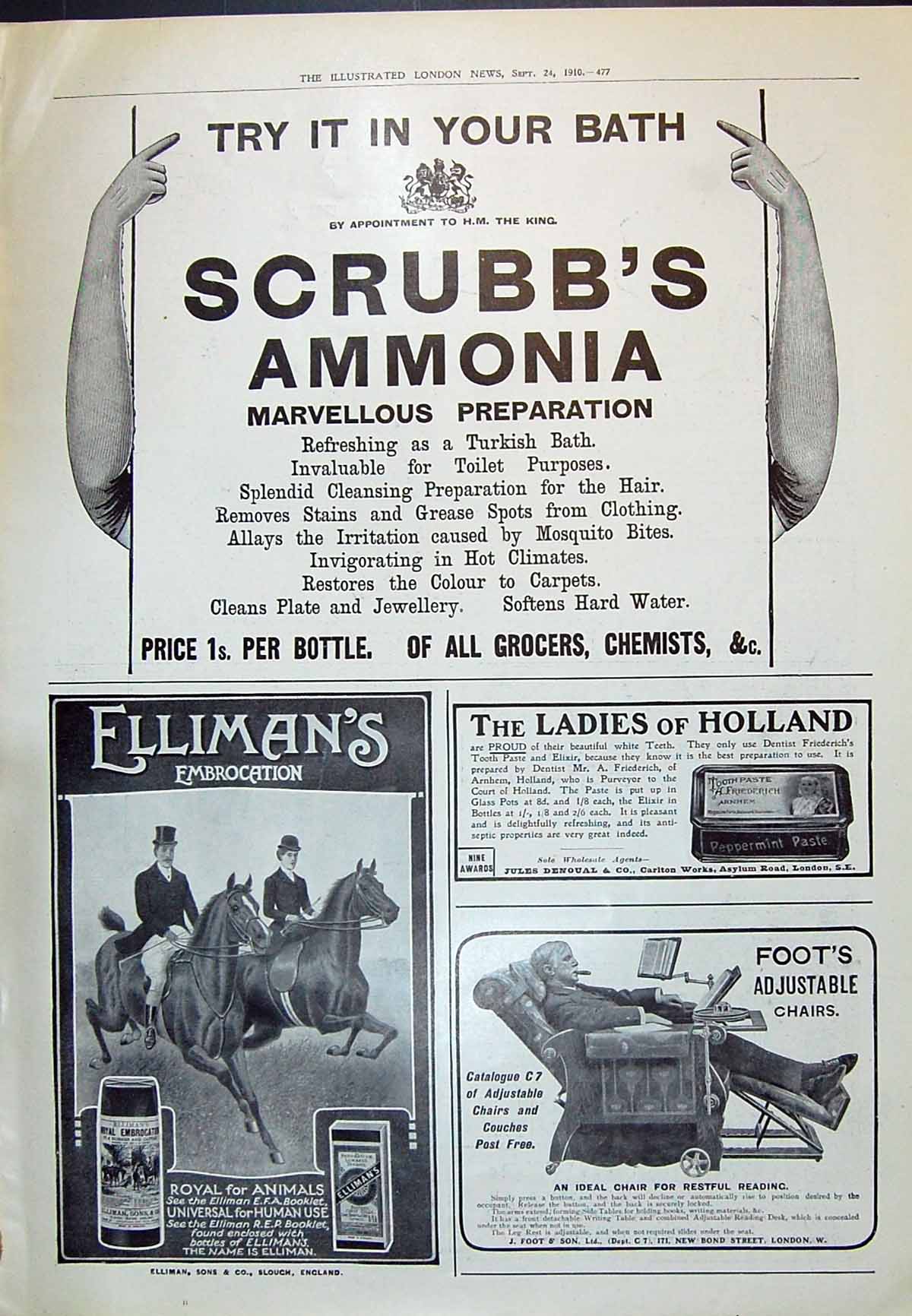 Old Print 1910 Scrubb'S Ammonia Ellimans Jules Denoual Toothpaste Foot'S 20th