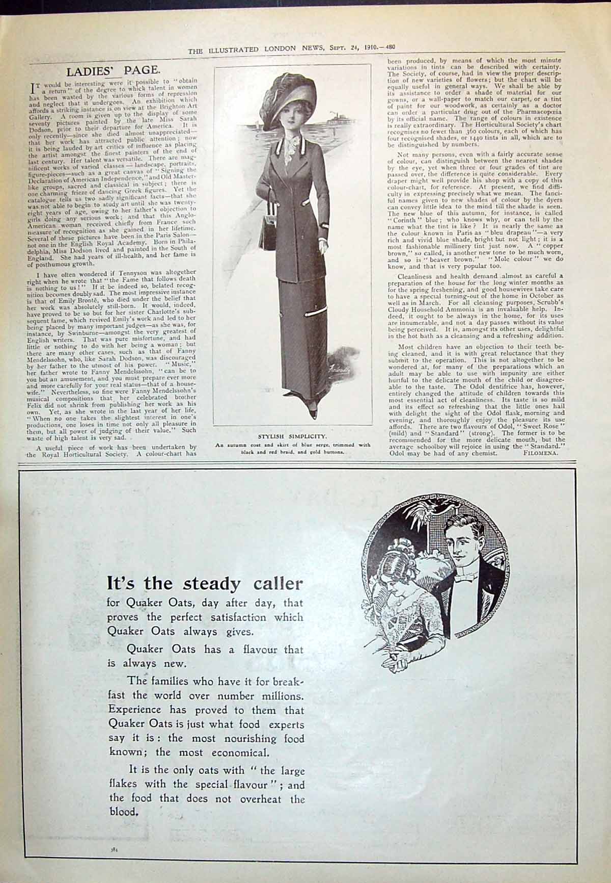 Antique Print 1910 Quaker Oats Ladies Fashion Autumn Coat Skirt Blue Serge 20th