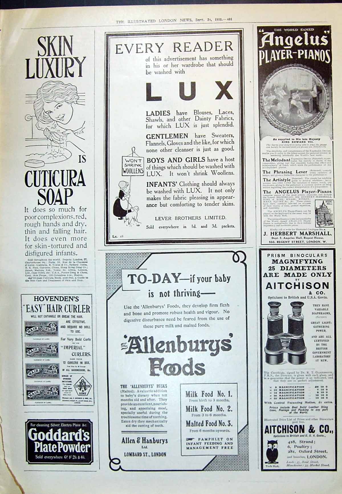 Old 1910 Cuticura Soap Lux Allen Hanbury Aitchison Binoculars Curler 20th