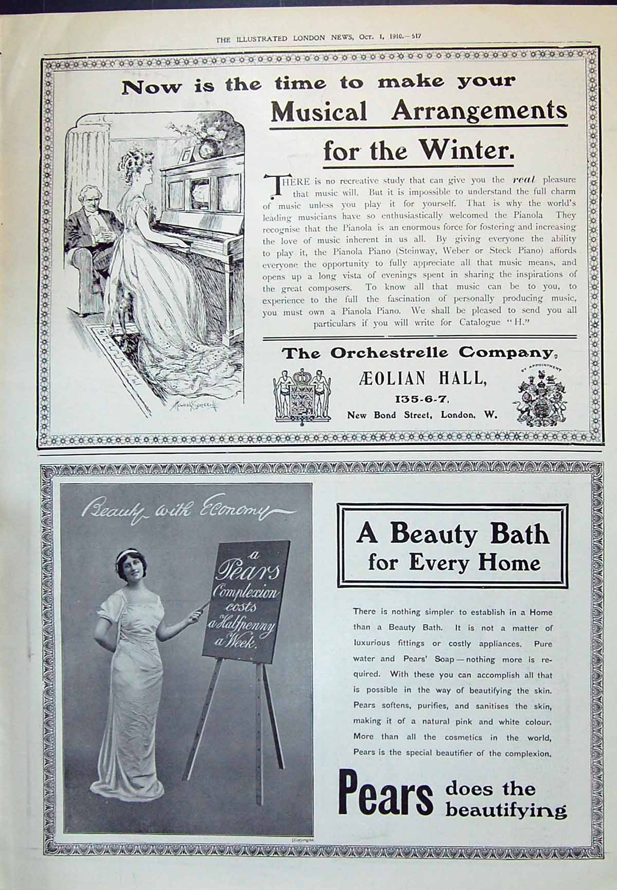 Old 1910 Advertisement Aeolian Hall Piano Orchestrelle Company Pears 20th