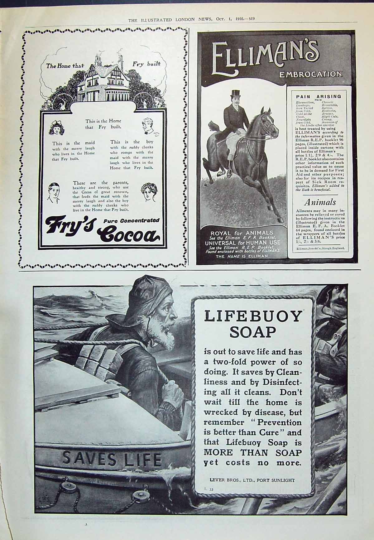 Old 1910 Fry'S Cocoa Ellimans Embrocation Lifebuoy Soap Lever Brother 20th