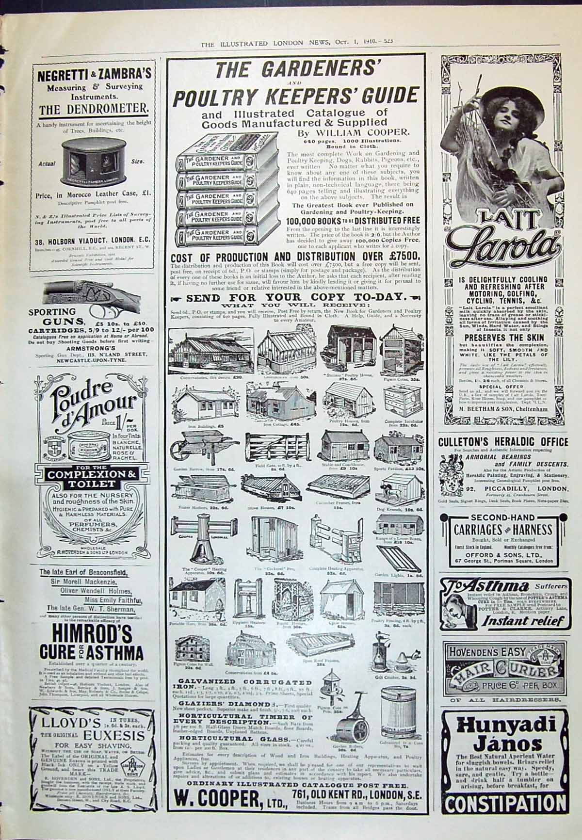 Antique Print 1910 Cooper Gardener Poultry Guide Larola Poudre Amour Lloyds