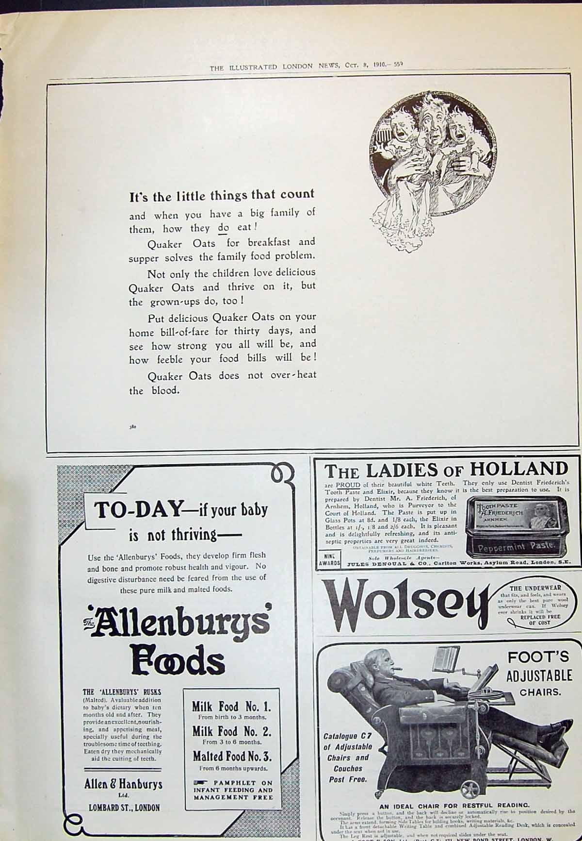Antique Old Print 1910 Quaker Oats Allen Hanbury Food Foot'S Adjustable Chair