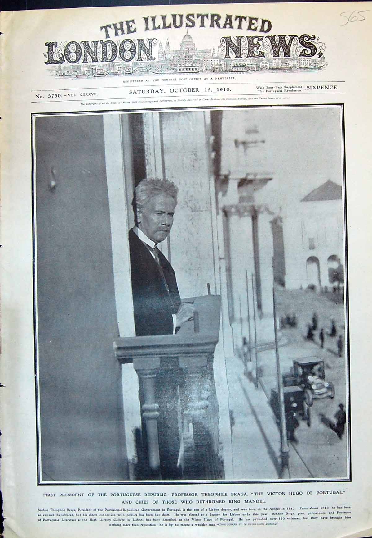 Old 1910 Pressor Senhor Theophile Braga President Republican Governme 20th