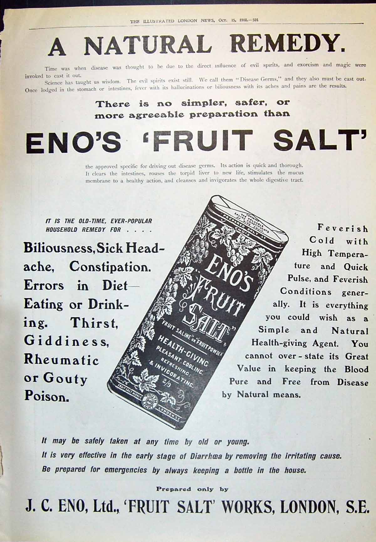 Old Antique Print 1910 Advertisement Eno'S Fruit Salt Works London Ref.3 20th