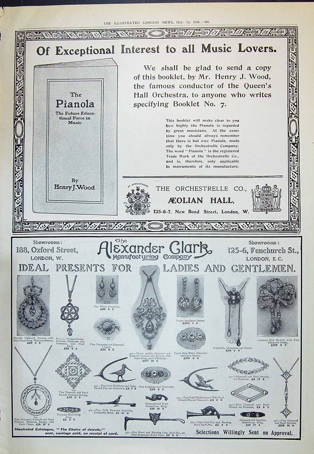 Old Print 1910 Aeolian Hall Alexander Clark Brooch Pin Diamond Jewellery 20th