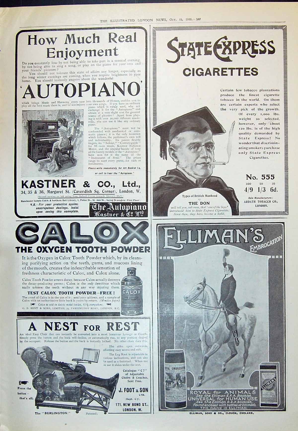 Antique Print 1910 Kastner Autopiano Cigarettes Calox Tooth Powder Ellimans