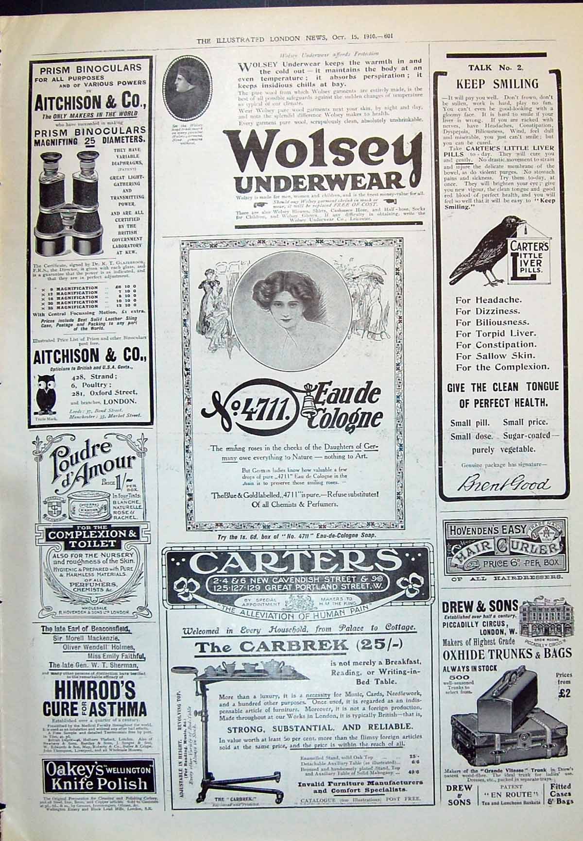 Old 1910 Wolsey Eau Cologne Carters Aitchison Binoculars Drew Trunks 20th