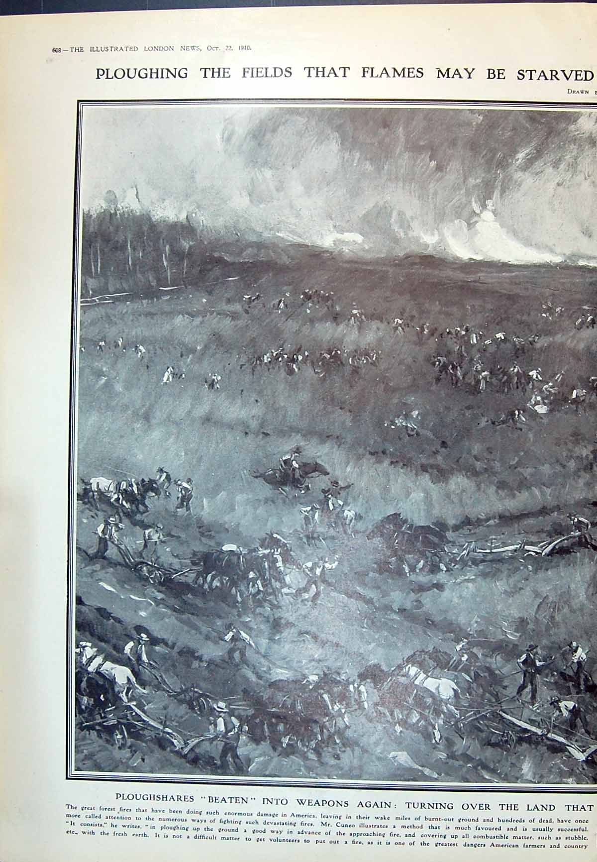 Antique Print 1910 Horses Ploughing Fields Stop Forest Fires America Cuneo 20th