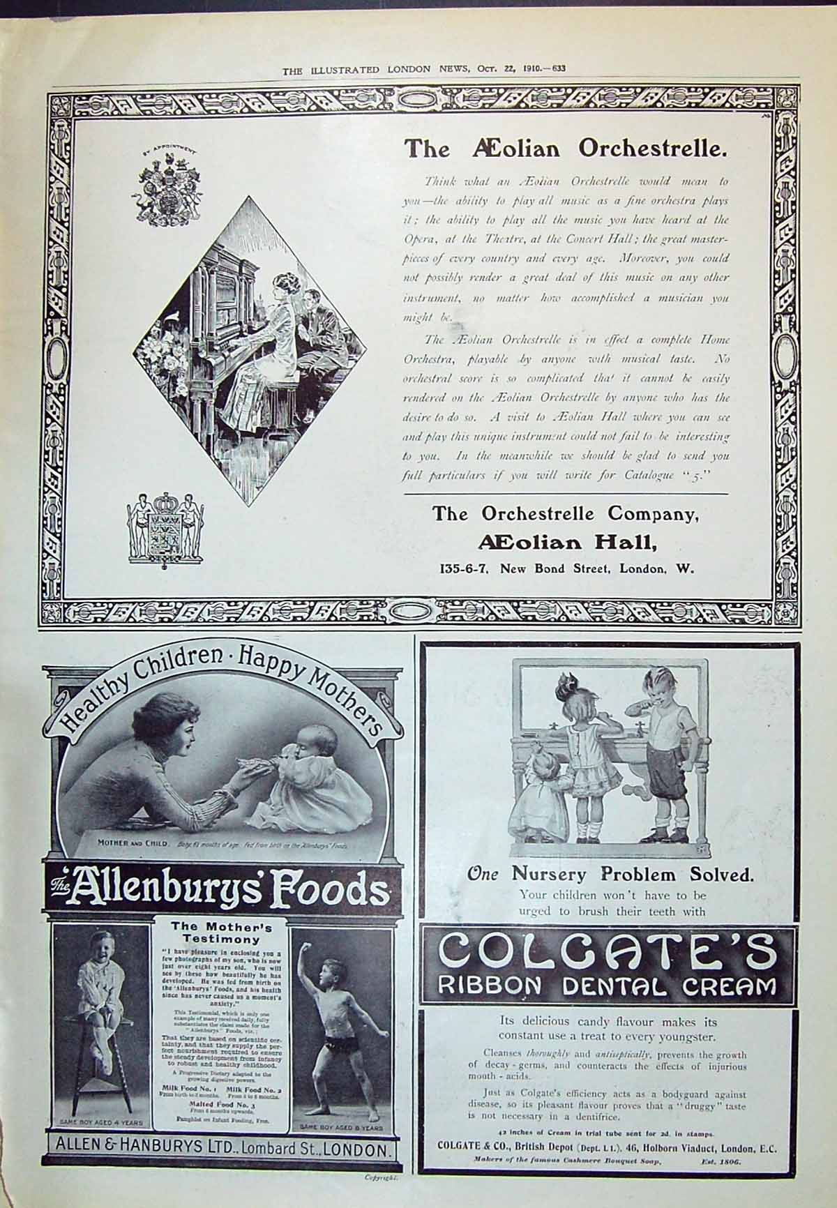 Old Print 1910 Aeolian Orchestrelle Colgate Dental Cream Allenburys Food 20th