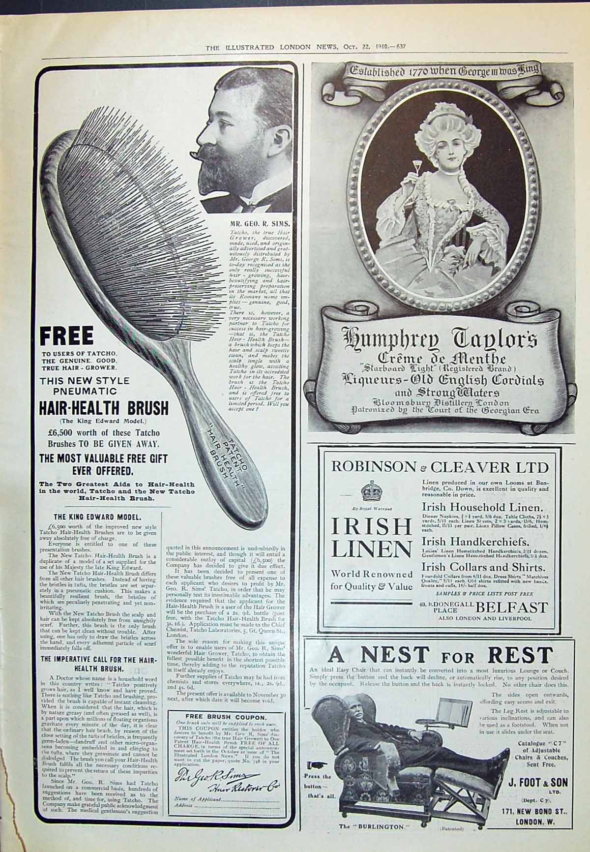 Old Print 1910 Hair Health Brush Humphrey Taylors Cräme Menthe Foot Chair 20th