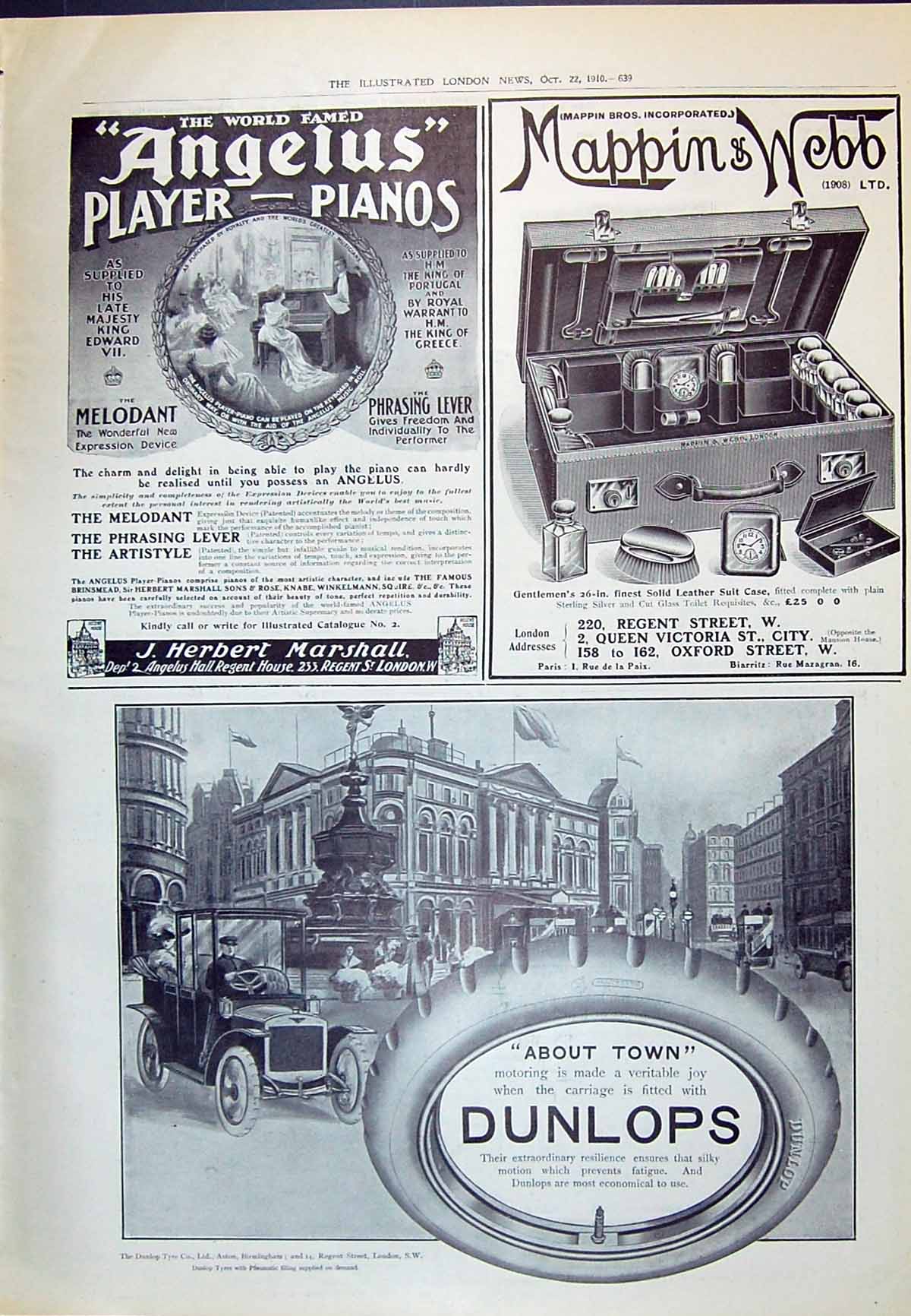 Old 1910 Advertisement Herbert Marshall Pianos Dunlop Tyres Mappin We 20th