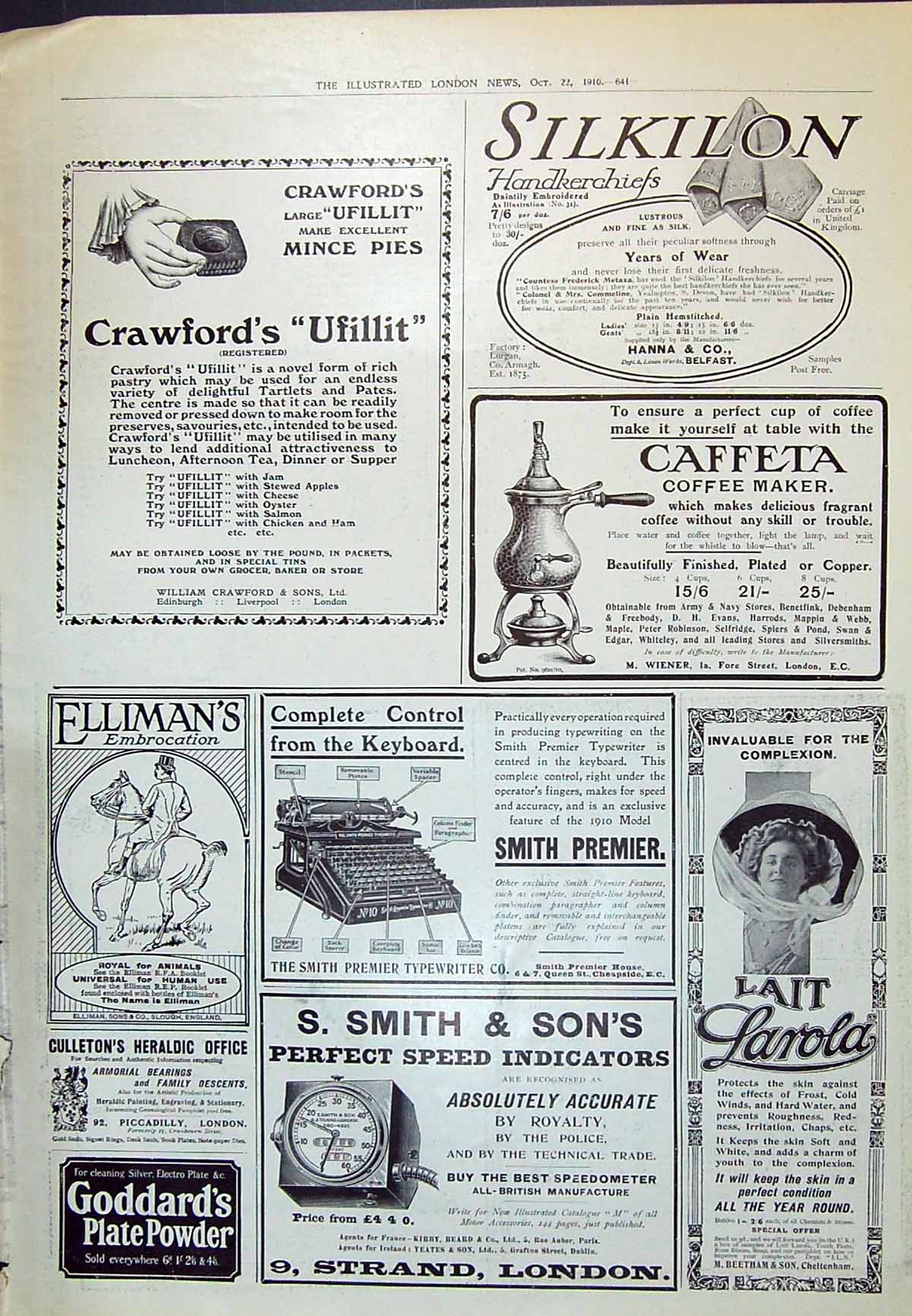 Old Print 1910 Crawfords Ufillit Ellimans Smith Larola Caffeta Cfee Maker 20th