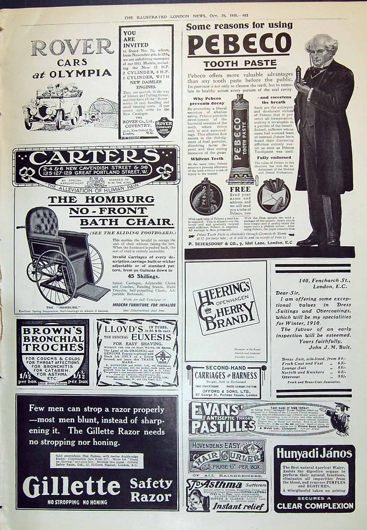 Old Print 1910 Rover Cars Pebco Toothpaste Gillette Razor Heerings Brandy 20th