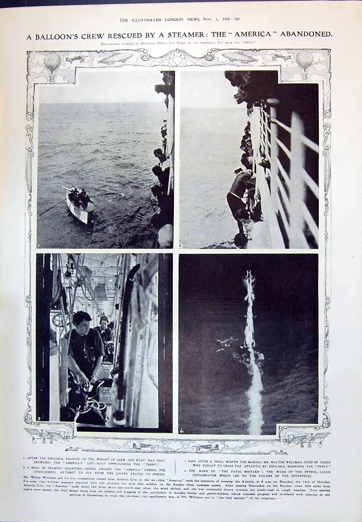 Old 1910 America Lifeboat Ship Trent Balloon Walter Wellman Parliamen 20th