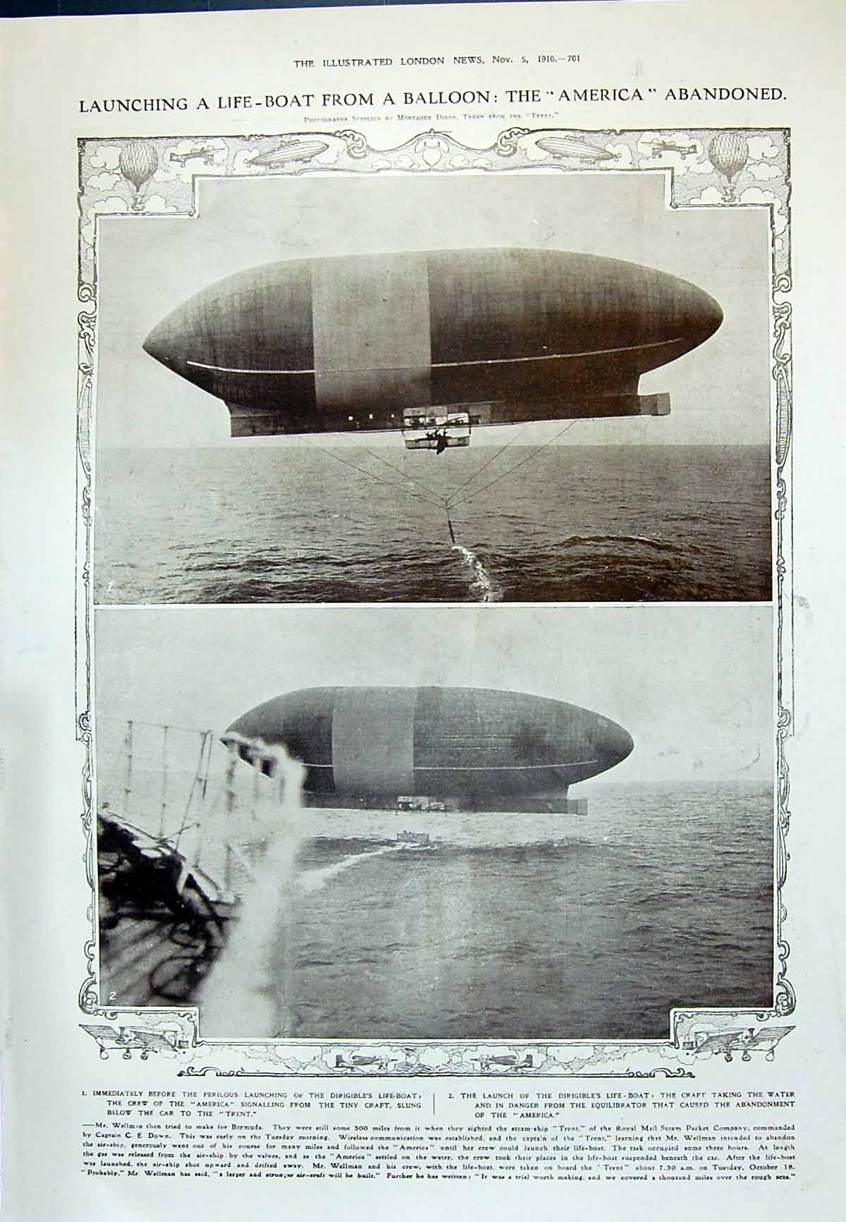 Old 1910 Launching Lifeboat Balloon America Trent Airship Lang Lupin 20th