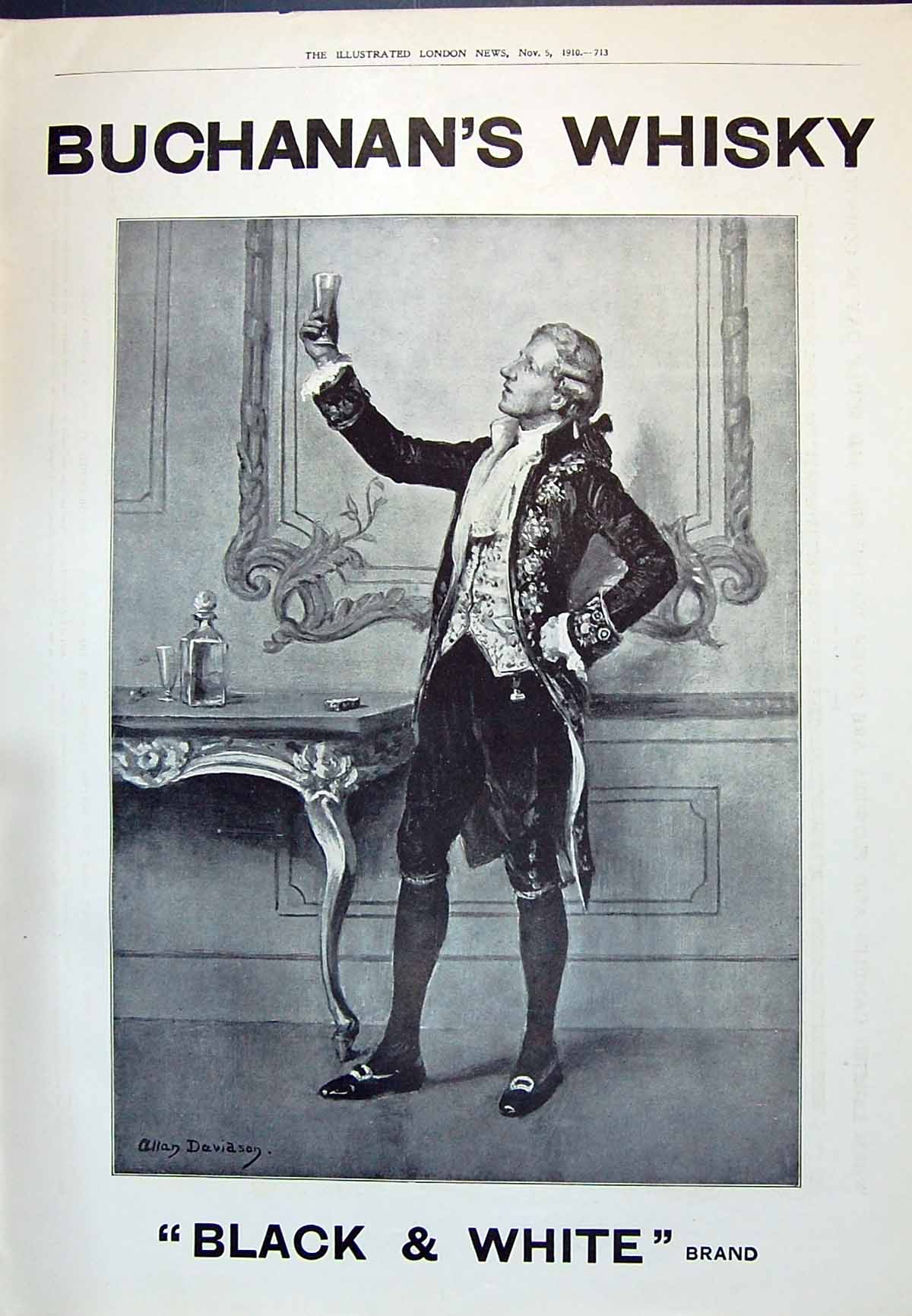 Antique Print 1910 Buchanan'S Black White Scotch Whisky Man Glass Davidson 20th