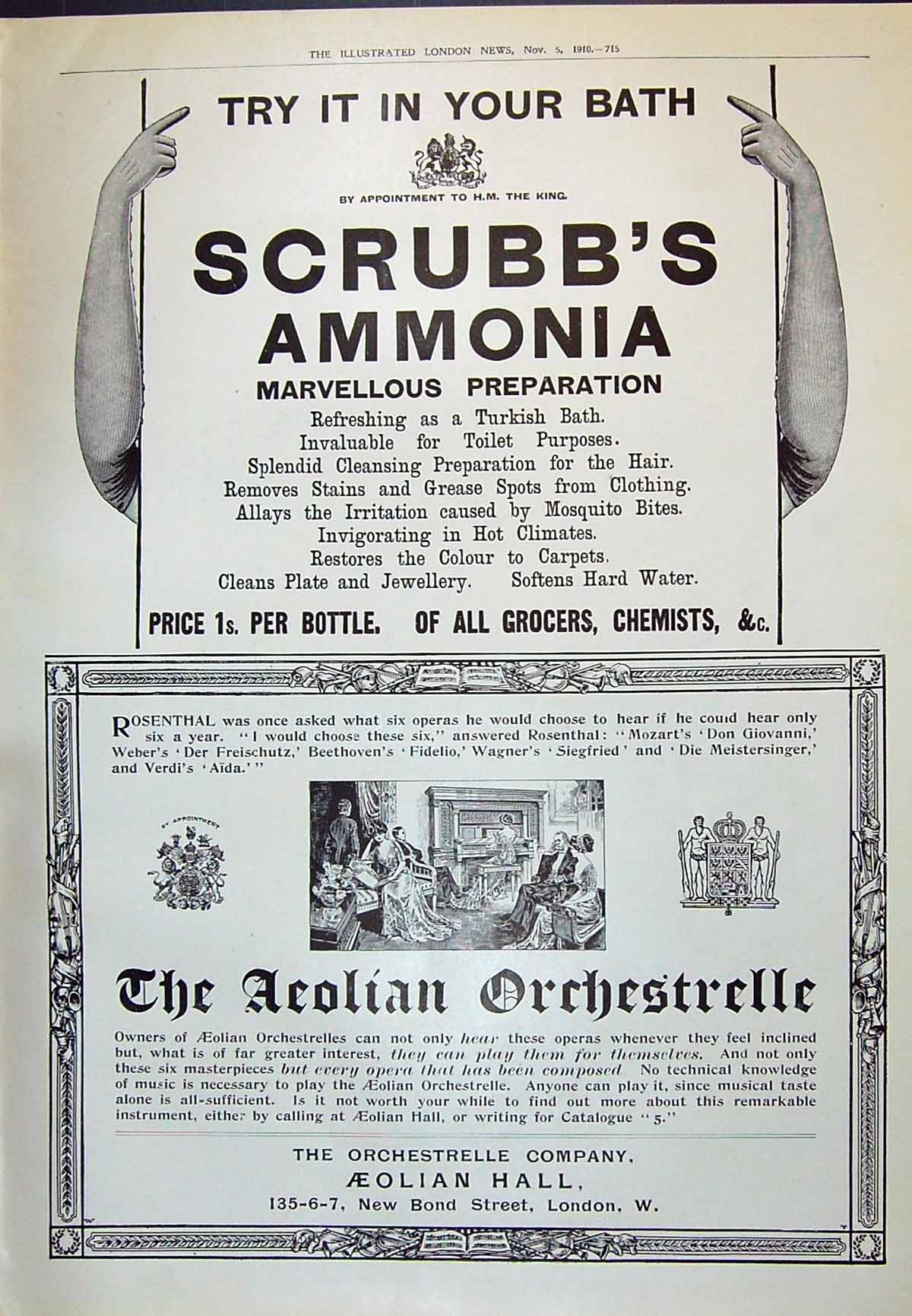 Old 1910 Advertisement Scrubbs Ammonia Aeolian Orchestrelle Company H 20th