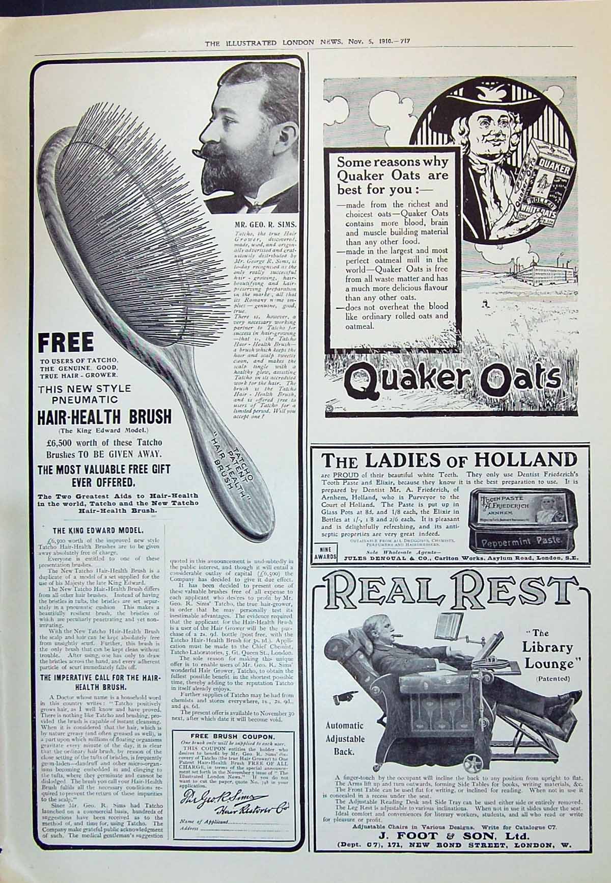 Old 1910 Hair Health Brush Quaker Oats Foot Adjustable Chair Denoual 20th