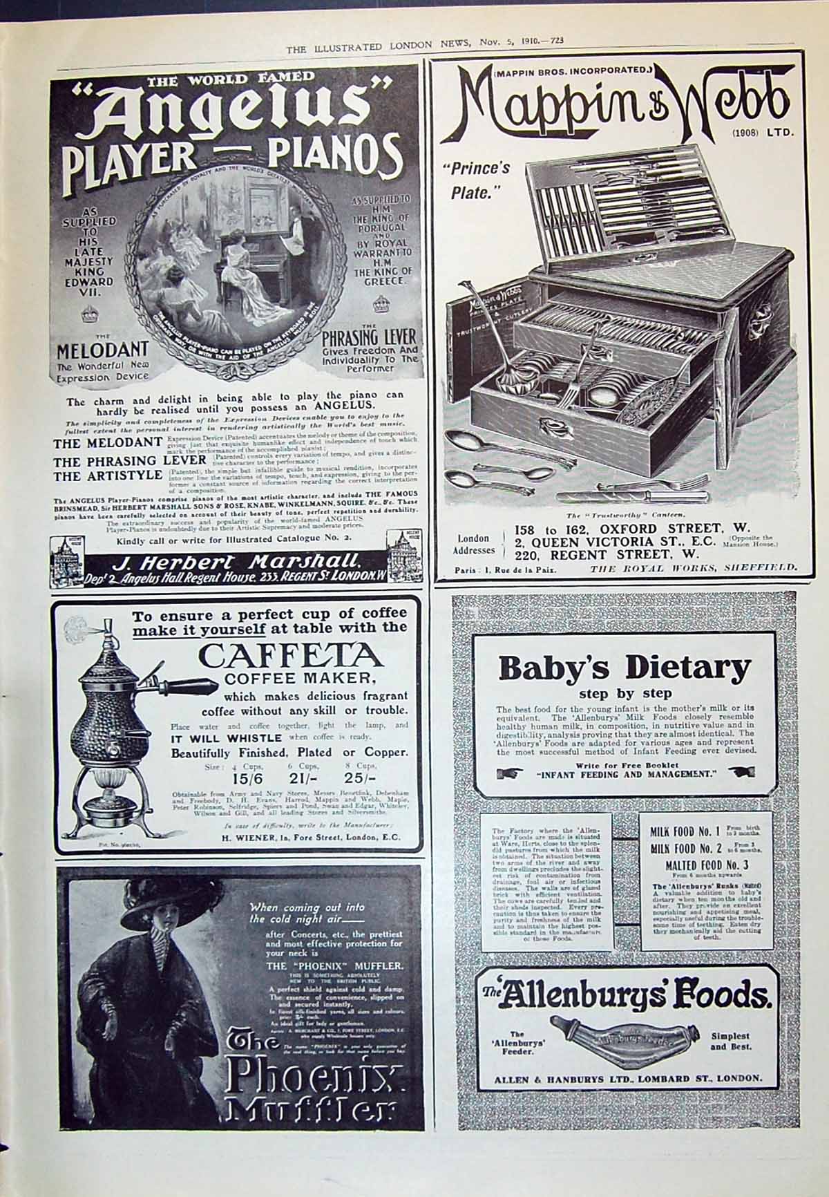 Old 1910 Herbert Marshall Pianos Mappin Webb Allenburys Foods Caffeta 20th