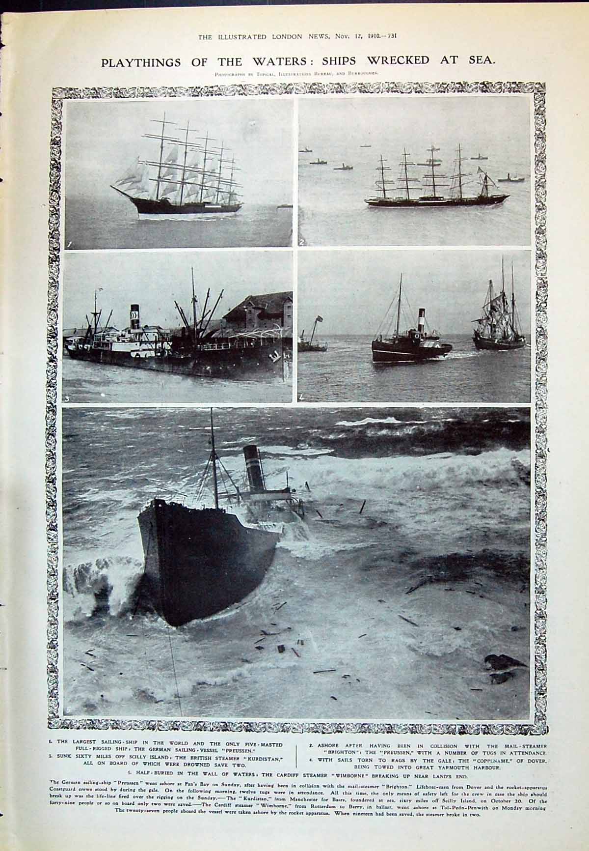 Old 1910 Ship Wrecks Preussen Kurdistan Brighton Coppename Wimborne L 20th