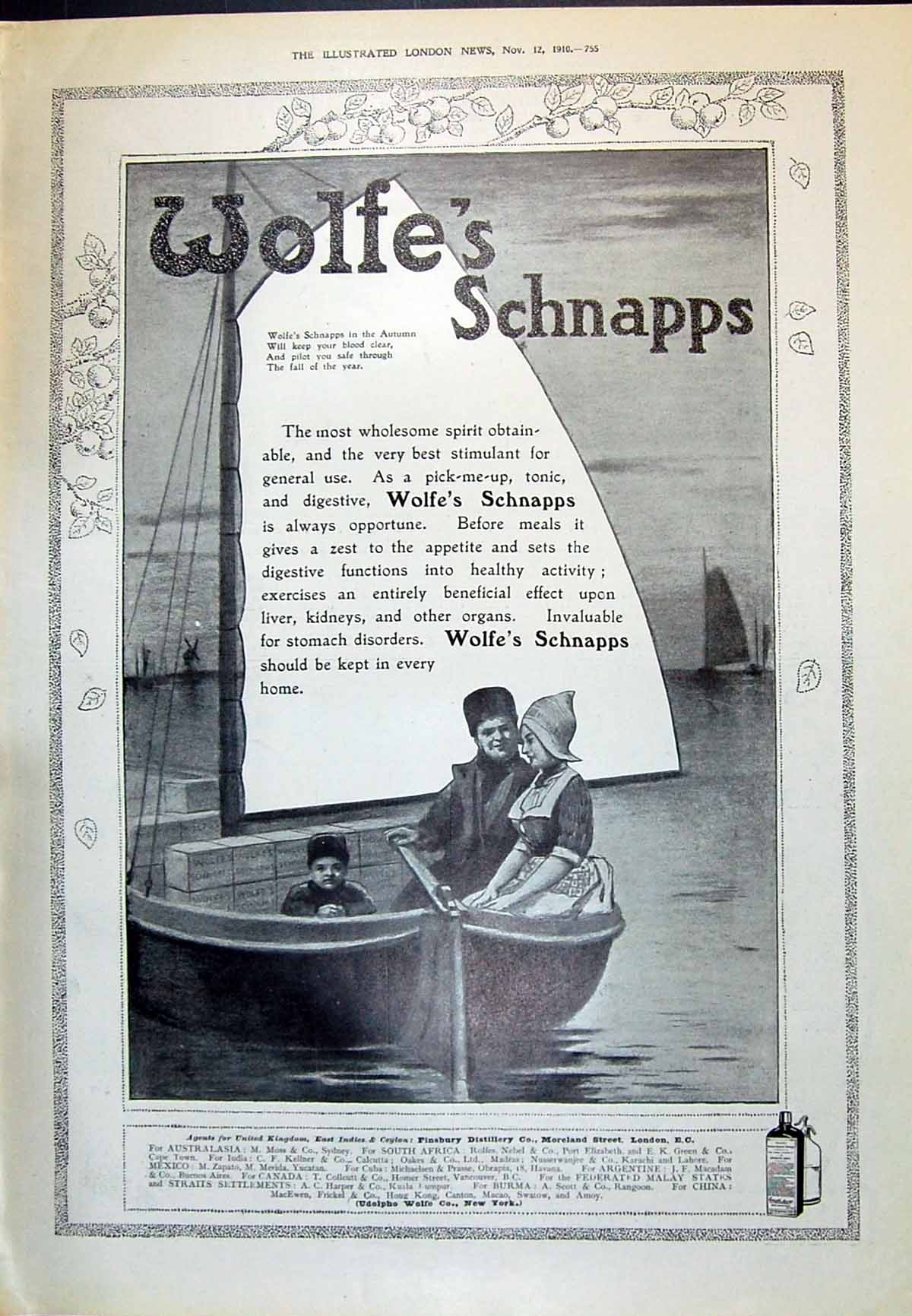 Original Old Antique Print 1910 Advertisement Wolfe'S Schnapps Sailing Boat