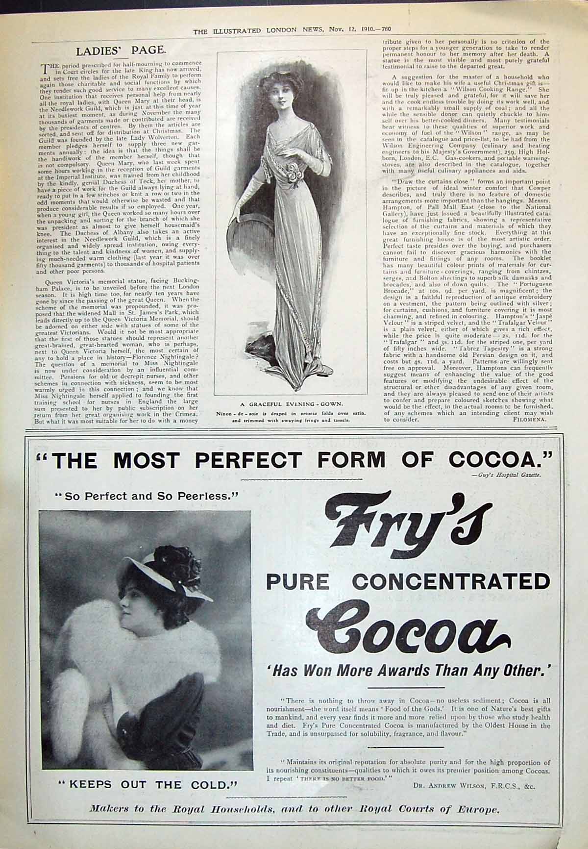 Antique Old Print Graceful Evening Gown Fashion 1910 Fry'S Concentrated Cocoa