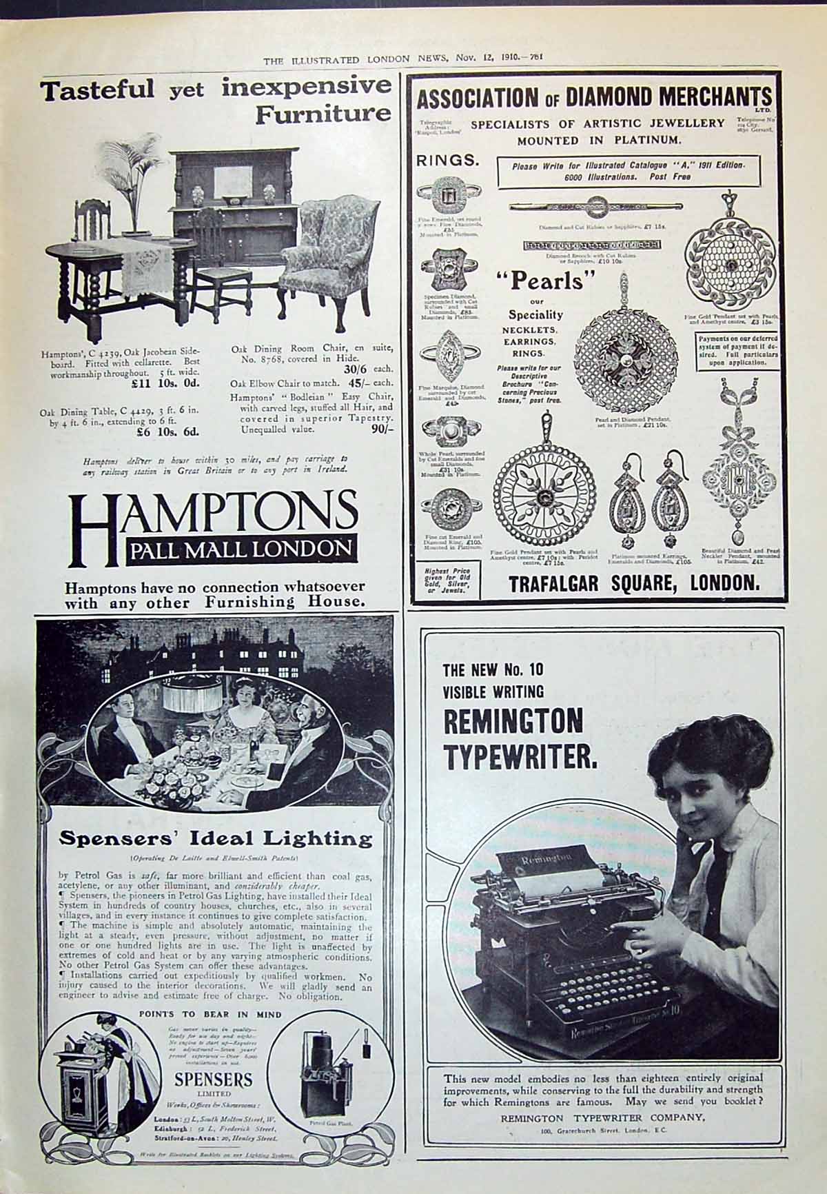 Old Print 1910 Hamptons Furniture Diamond Merchants Remington Typewriter 20th