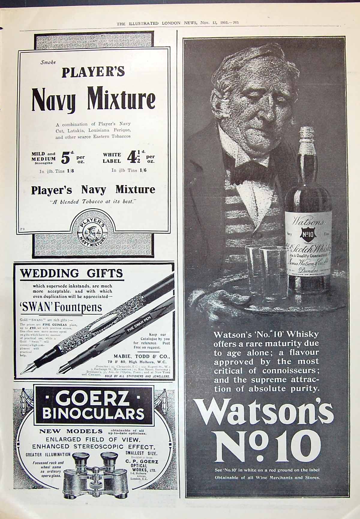 Old Print 1910 Watsons Whisky Players Tobacco Sawn Pens Goerz Allenburys 20th