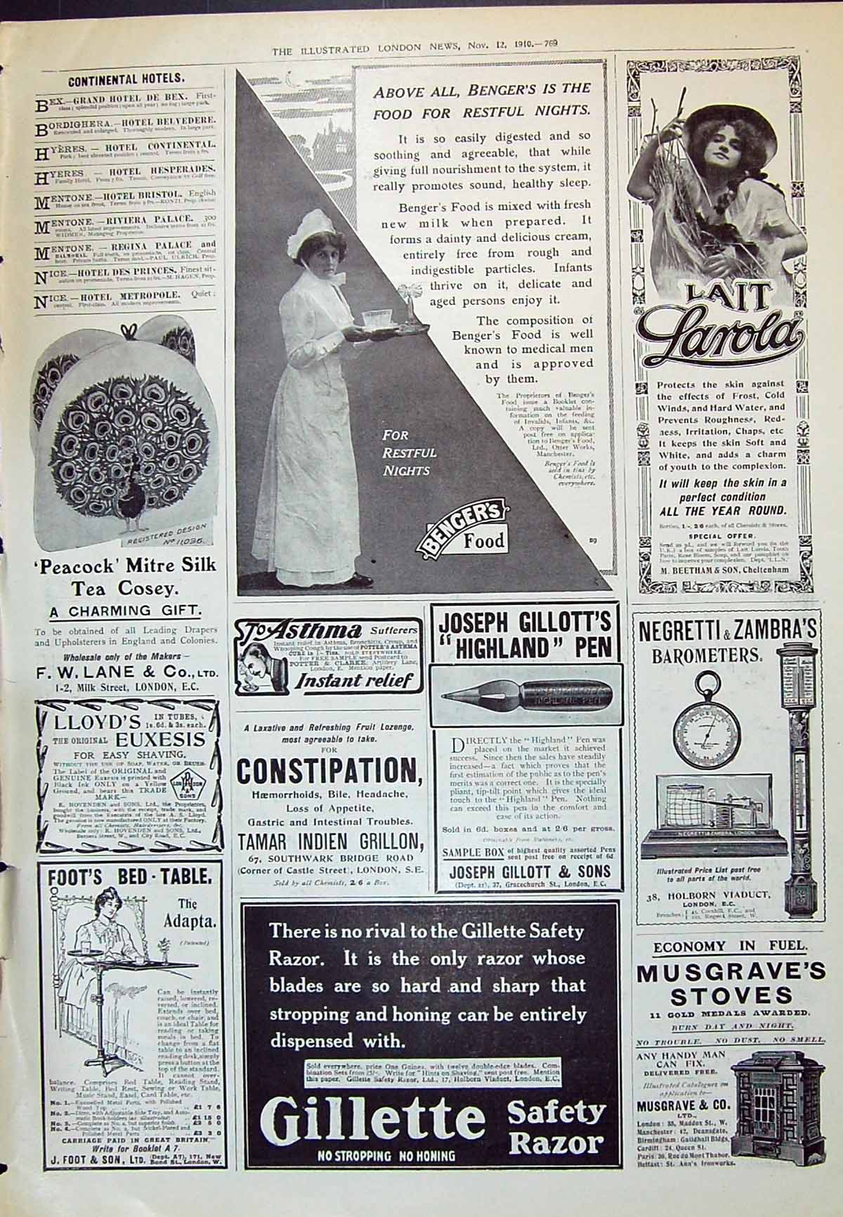 Antique Print 1910 Bengers Food Larola Gillette Safety Razor Foot Bed-Table