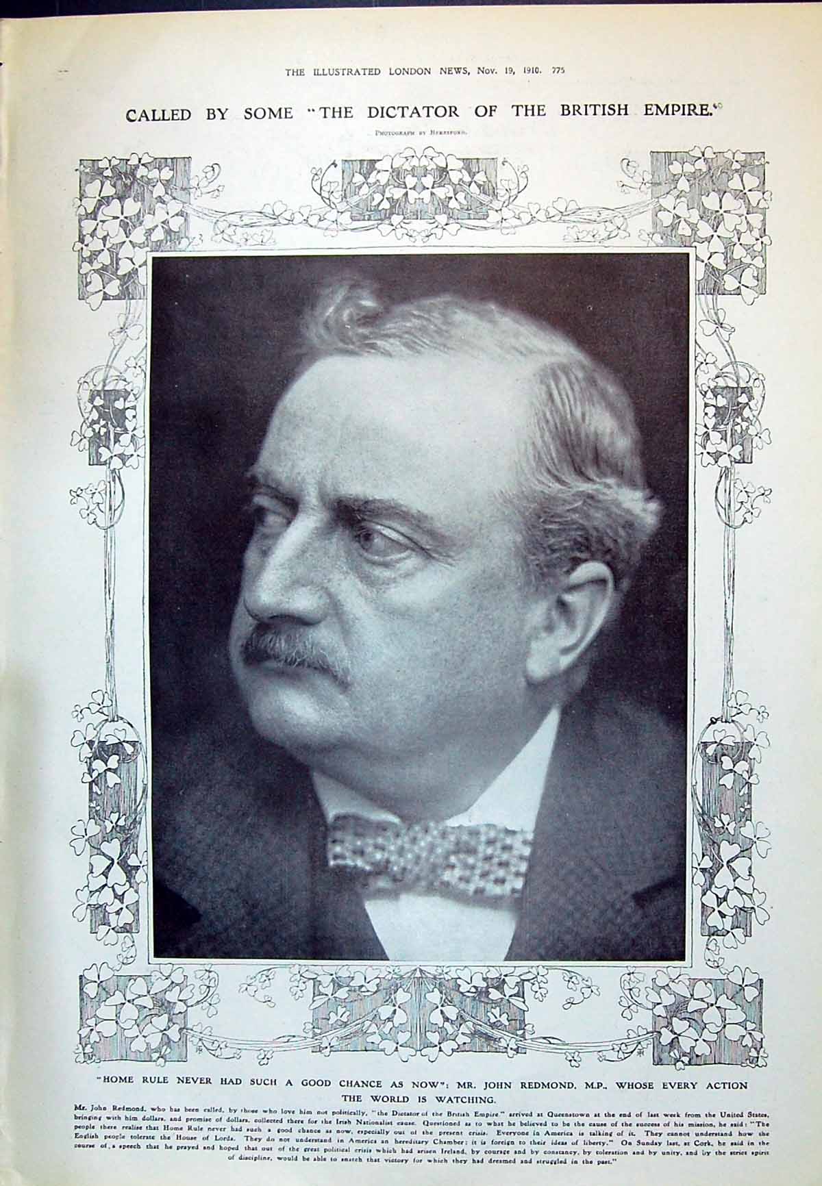 Original Old Antique Print 1910 Portrait John Redmond Member Parliament 20th