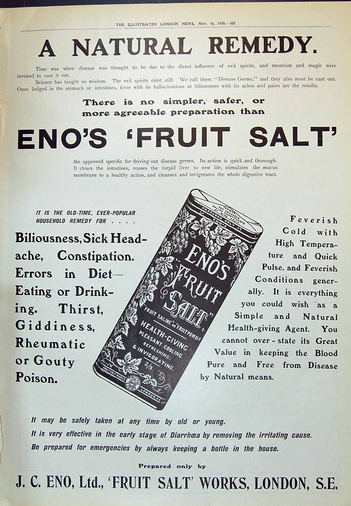 Old Print 1910 Advertisement Eno'S Fruit Salt Works London Natural Remedy 20th