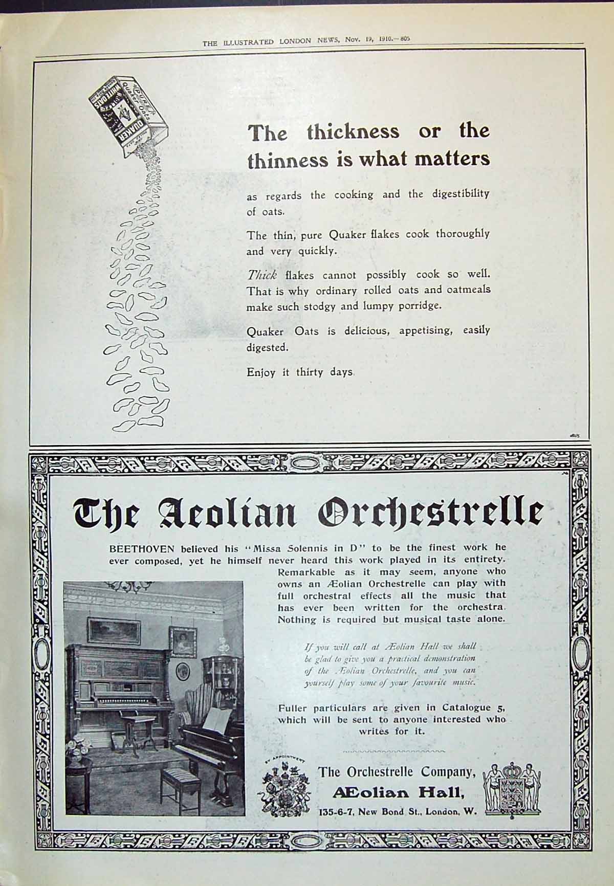 Antique Old Print 1910 Aeolian Hall Orchestrelle Company Quaker Oats Flakes