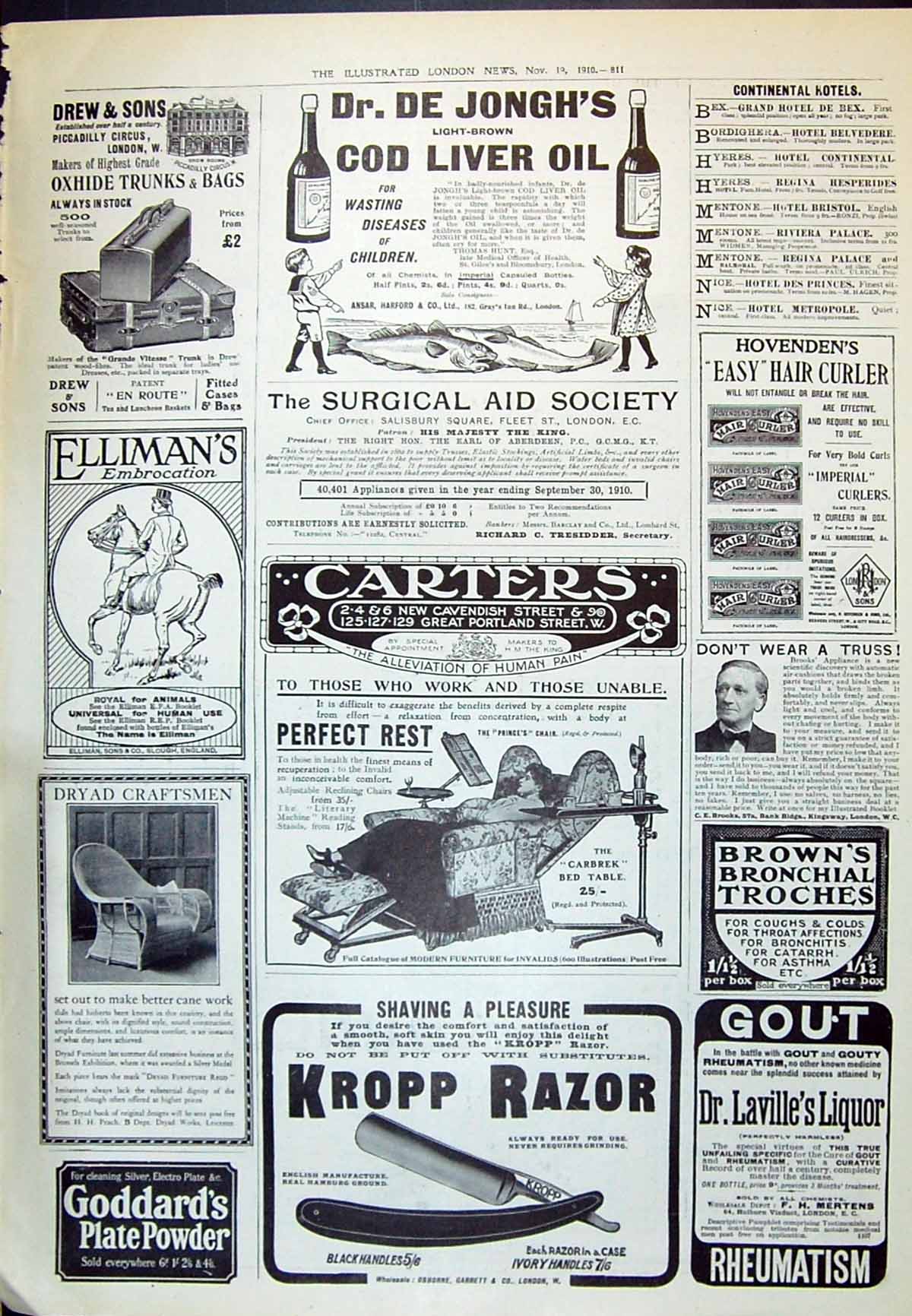 Old Print 1910 Jongh Cod Liver Oil Carters Bed Table Ellimans Kropp Razor 20th