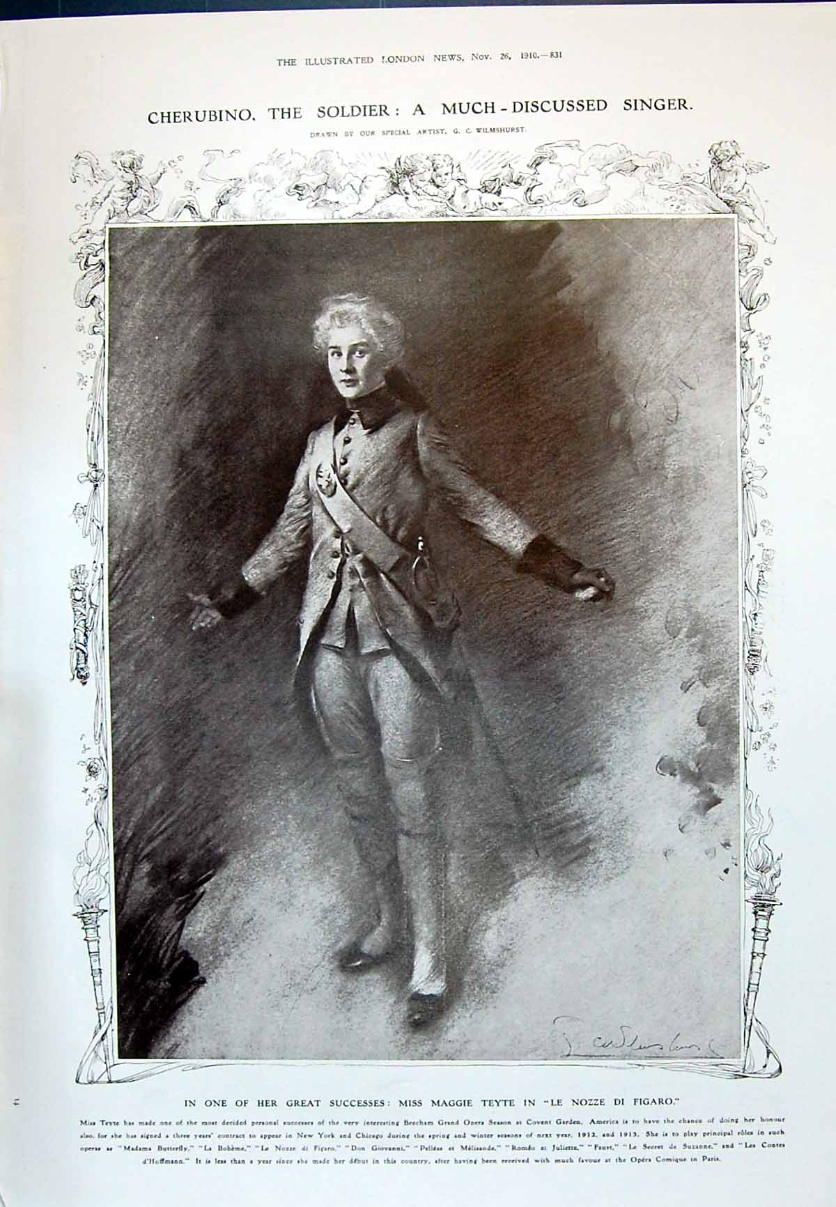 Old Print 1910 Cherubino Sier Miss Maggie Teyte Nozze Figaro Bartholomeu 20th