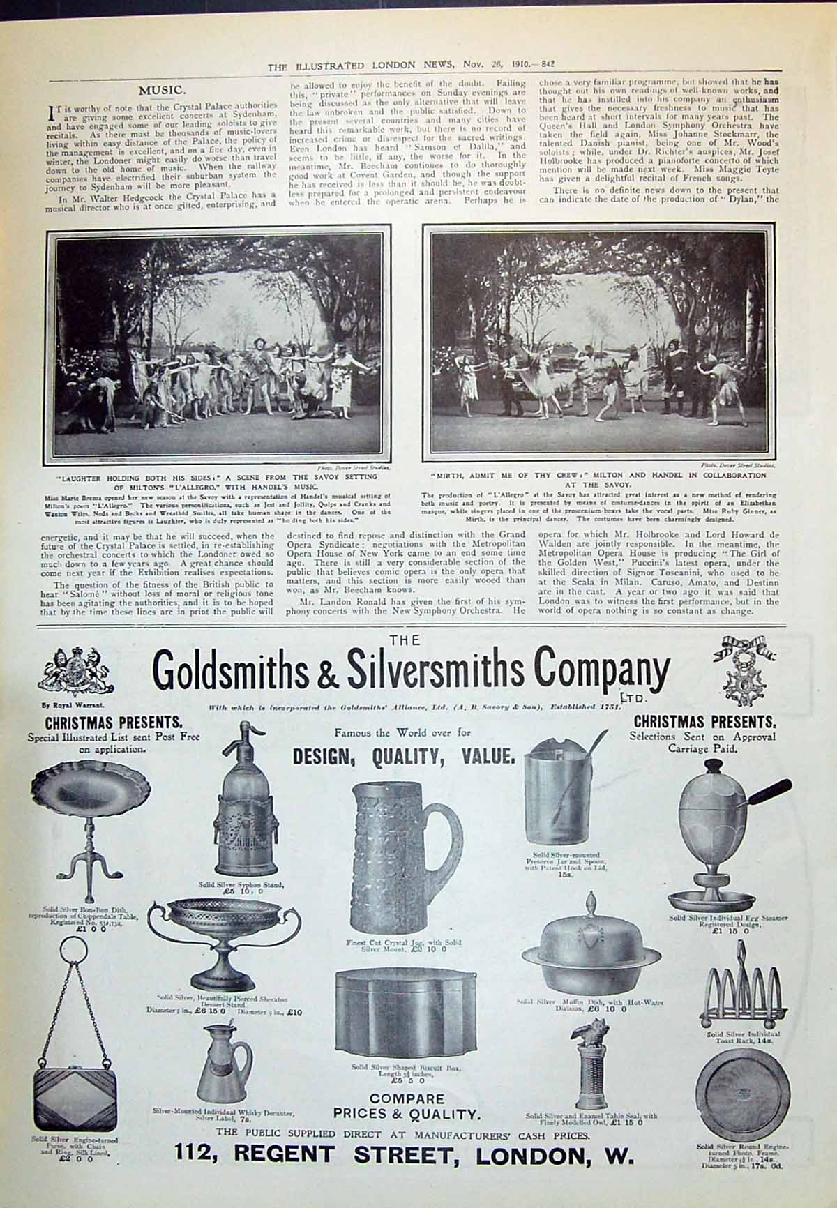 Old Print 1910 Theatre Milton L'Allegro Handel'S Music Savoy Gsmith Plan 20th