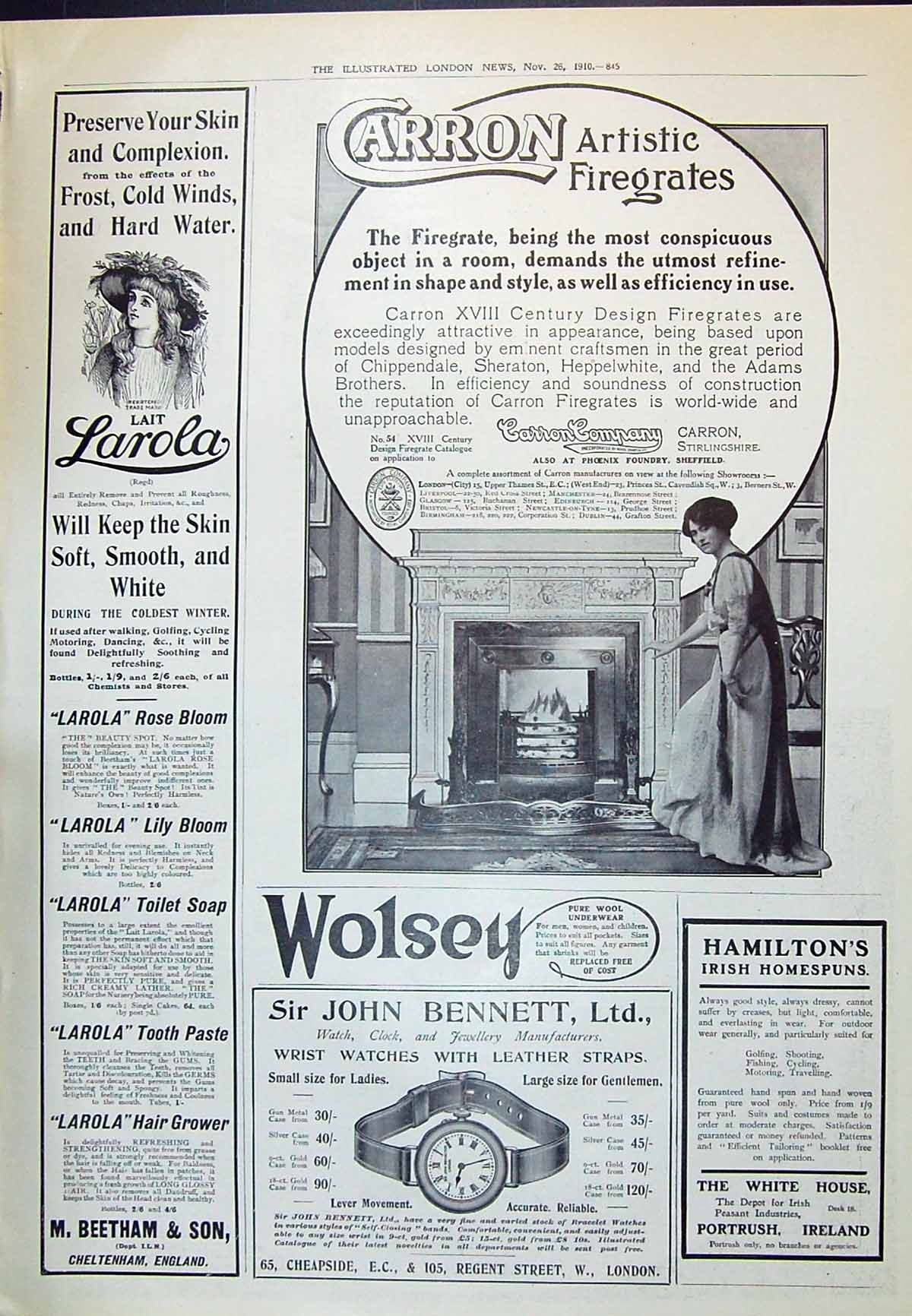 Antique Old Print 1910 Carron Firegates Wolsey Bennett Watches Larola Beetham