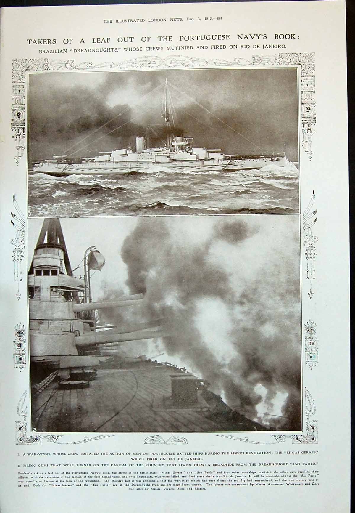 Old 1910 Brazil Dreadnoughts Ship Minas Geraes Sao Paolo Dulac Cinder 20th