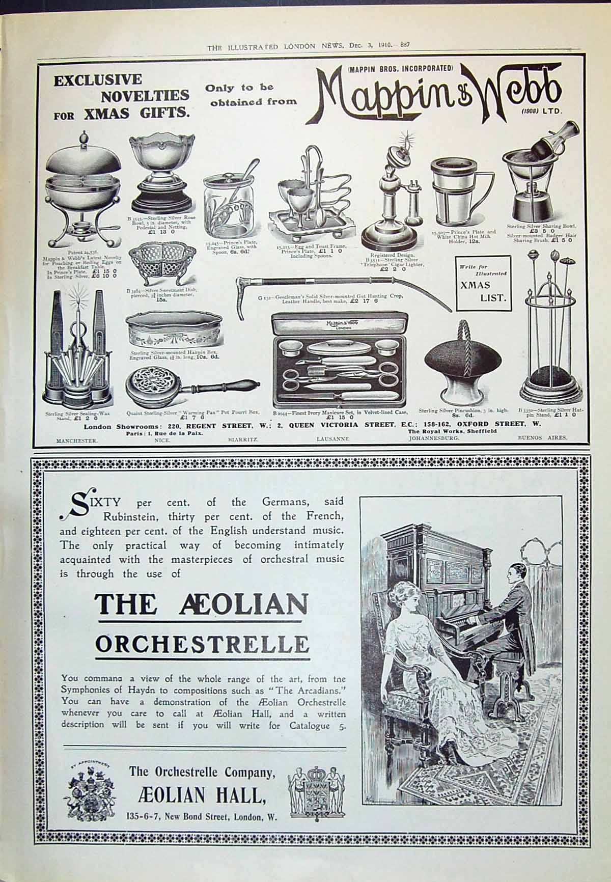 Antique Old Print 1910 Mappin Webb Aeolian Hall Orchestrelle Company London