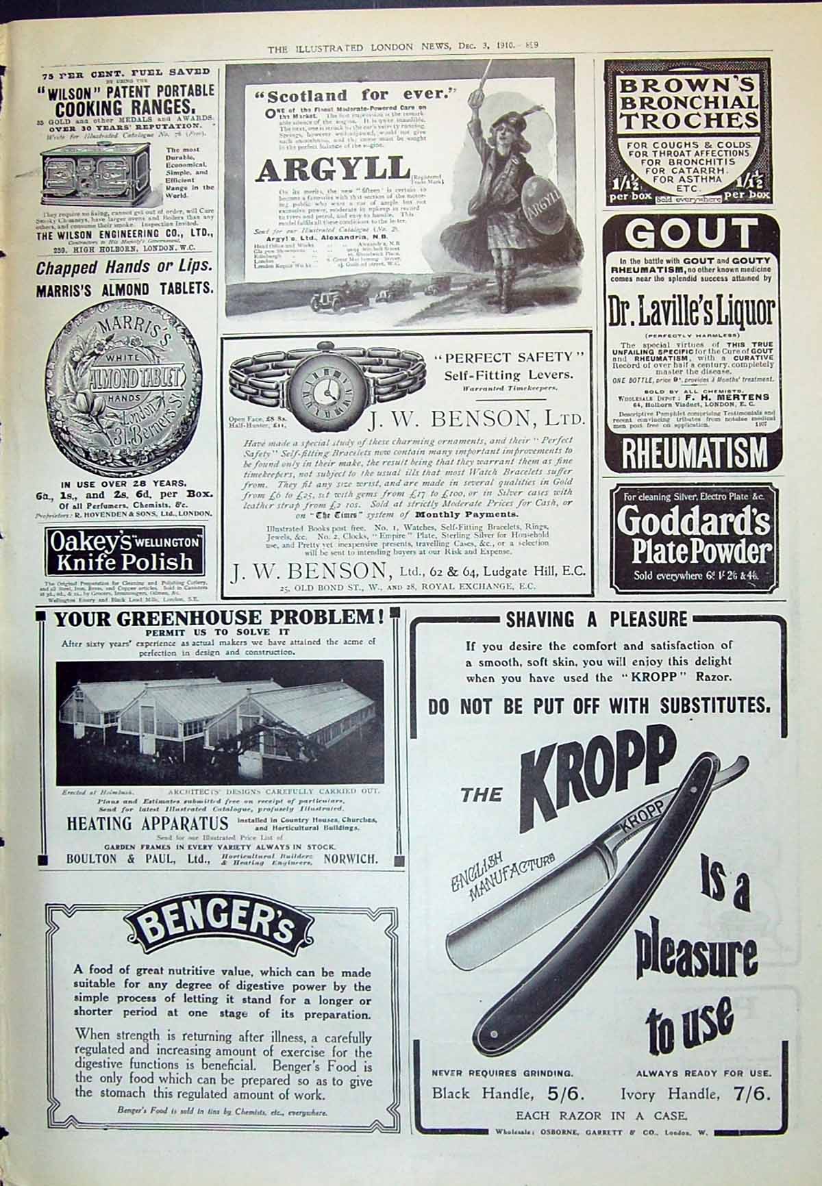 Old 1910 Advertisement Kropp Razor Argyll Benson Watches Bengers Food 20th