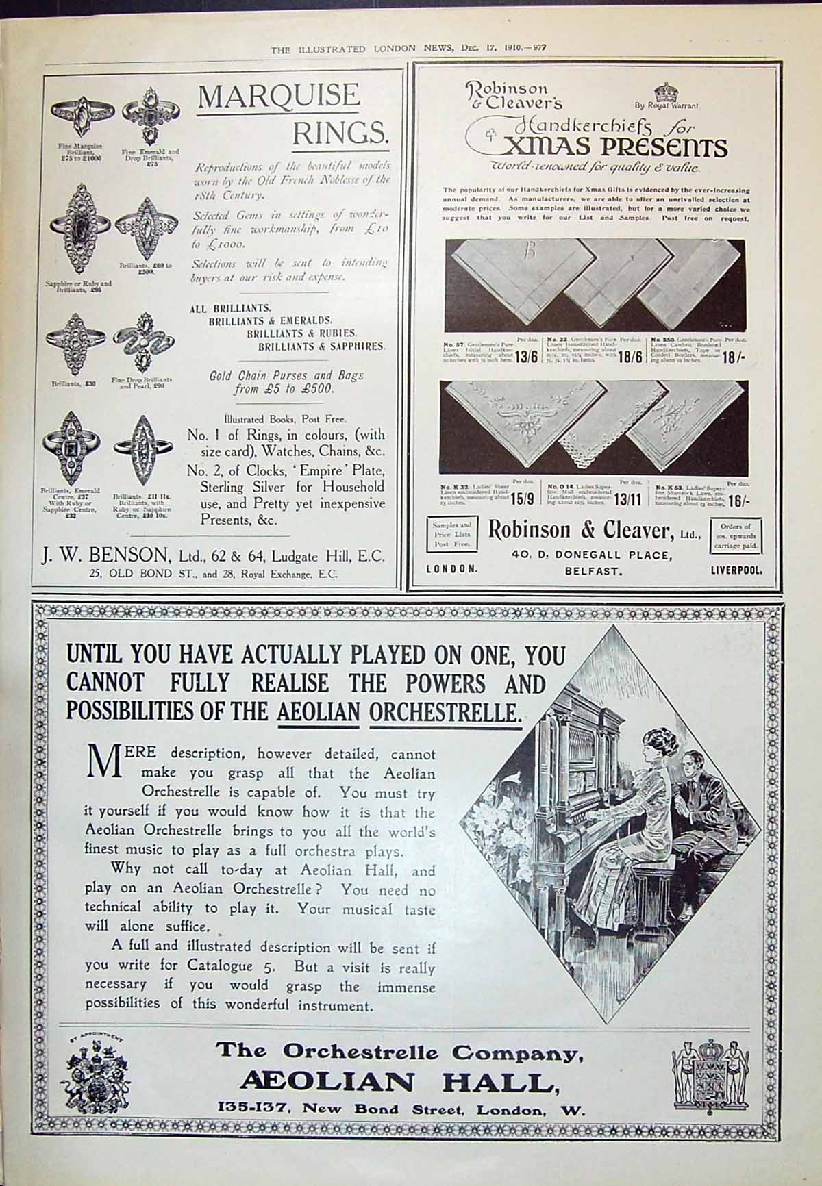 Antique Old Print 1910 Marquise Rings Robinson Cleaver Aeolian Hall London 20th