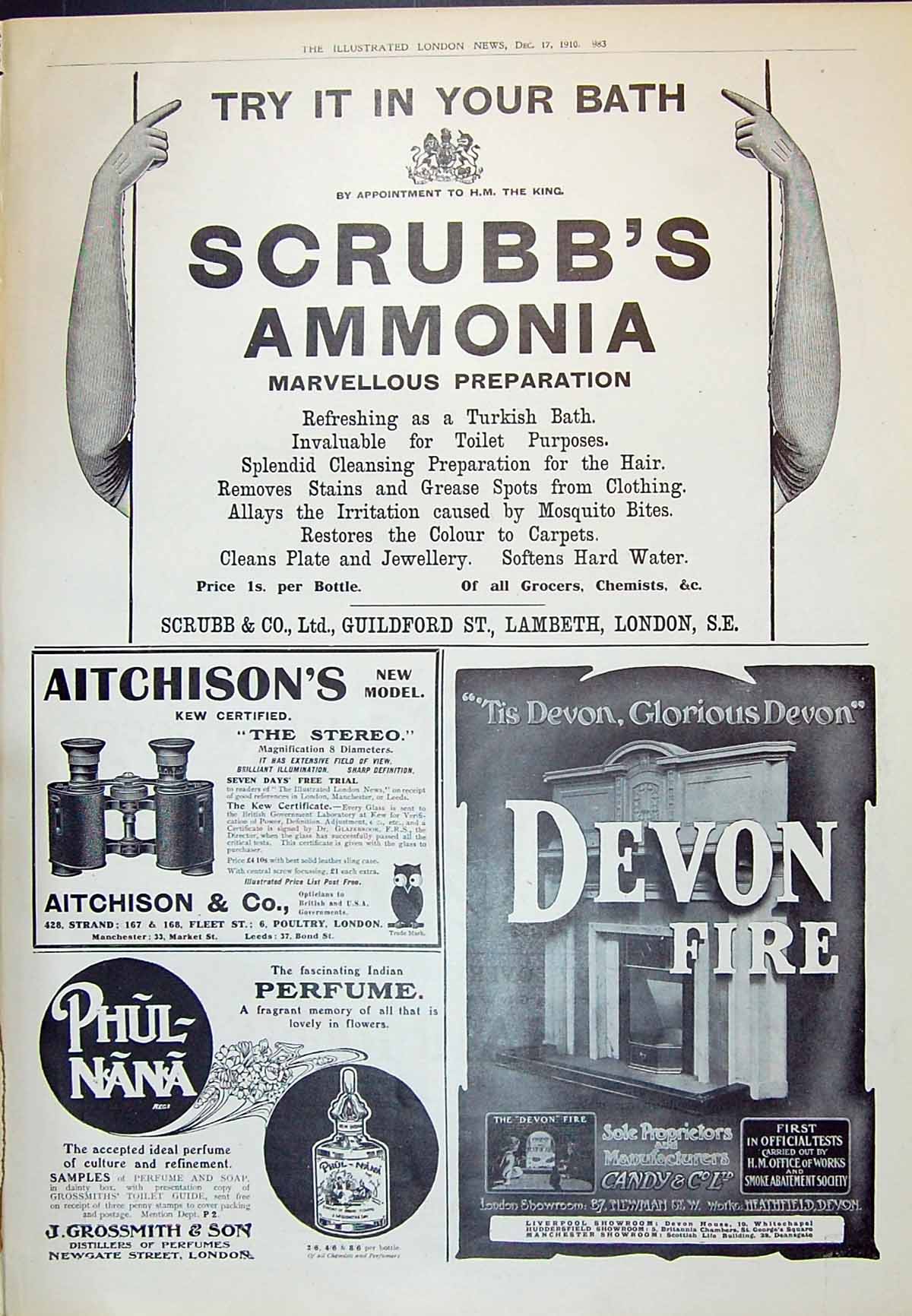 Antique Old Print 1910 Scrubb'S Ammonia Aitchison Devon Fire Grossmith Whisky